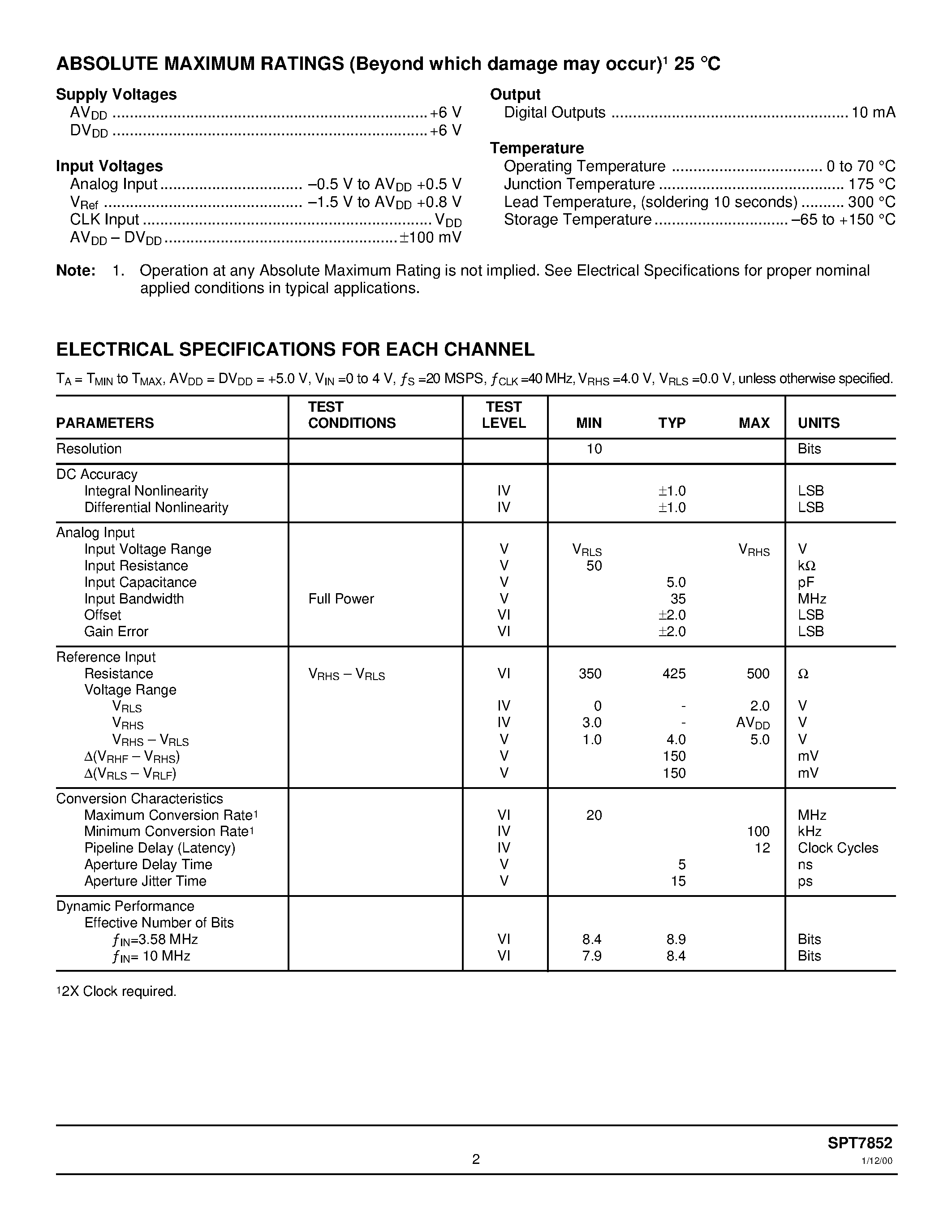Даташит SPT7852 - DUAL 10-BIT / 20 MSPS / 160 mW A/D CONVERTER страница 2