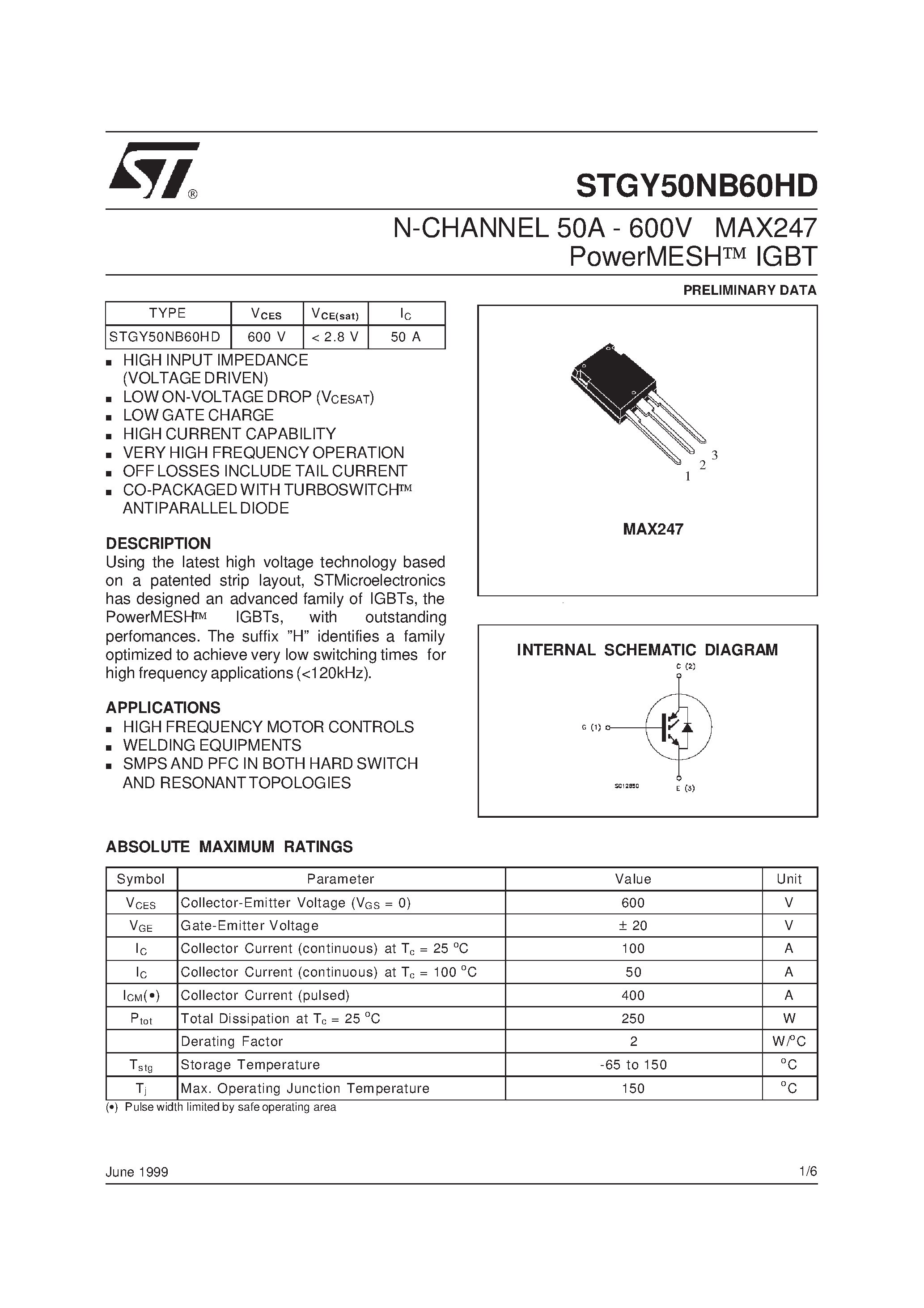 Datasheet STGY50NB60HD - N-CHANNEL 50A - 600V MAX247 PowerMESH IGBT page 1