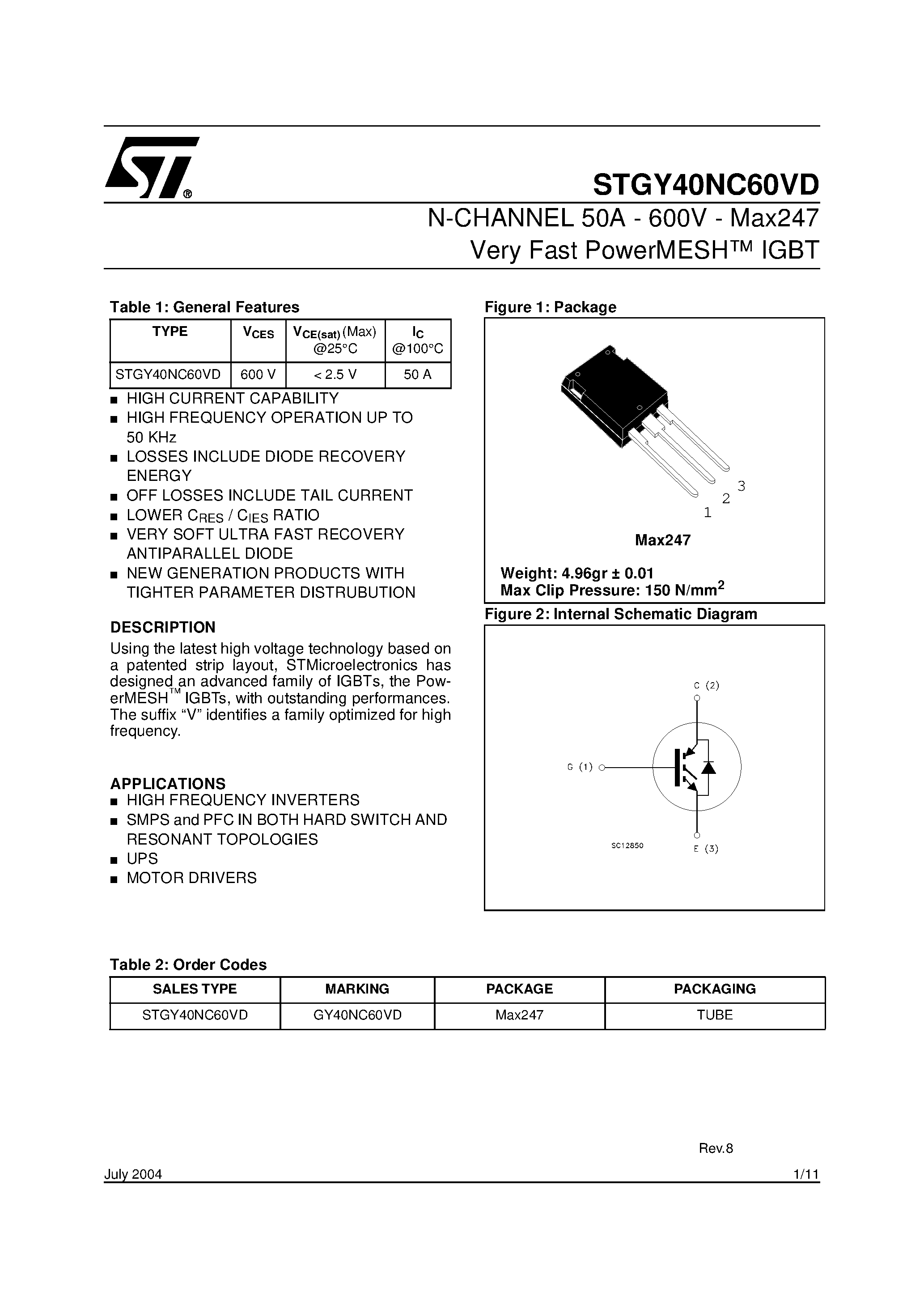 Datasheet STGY40NC60VD - N-CHANNEL 50A - 600V - Max247 Very Fast PowerMESH IGBT page 1