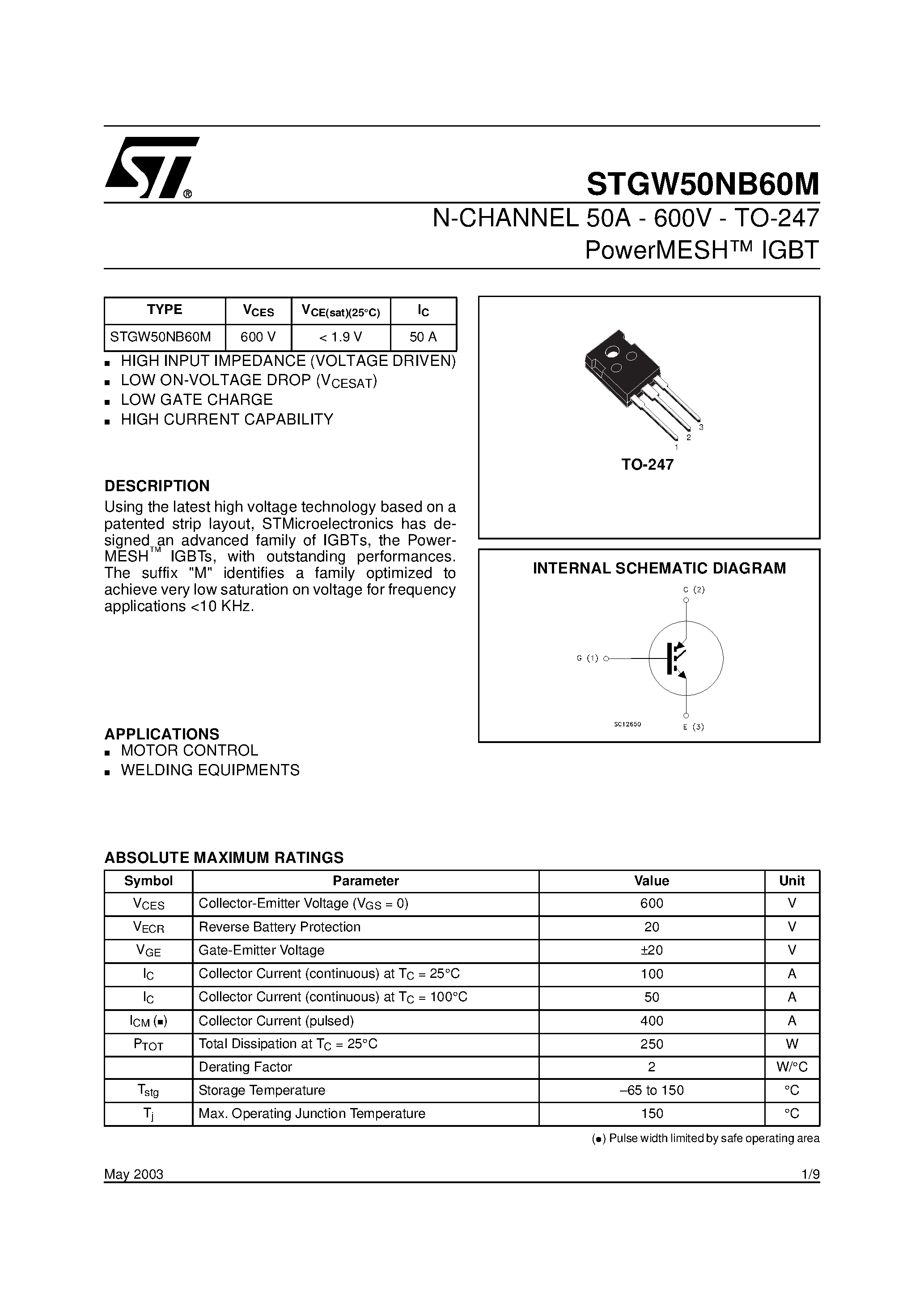 Datasheet STGW50NB60M page 1 Datasheet STGW50NB60M - N-CHANNEL 50A - 600V - TO-247 PowerMESH IGBT page 1