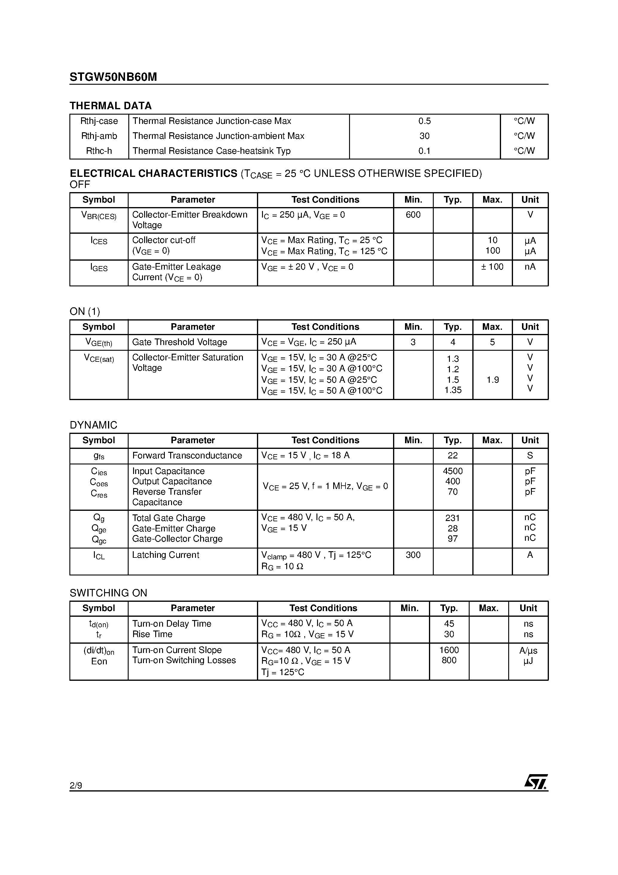Datasheet STGW50NB60M page 2 Datasheet STGW50NB60M - N-CHANNEL 50A - 600V - TO-247 PowerMESH IGBT page 2
