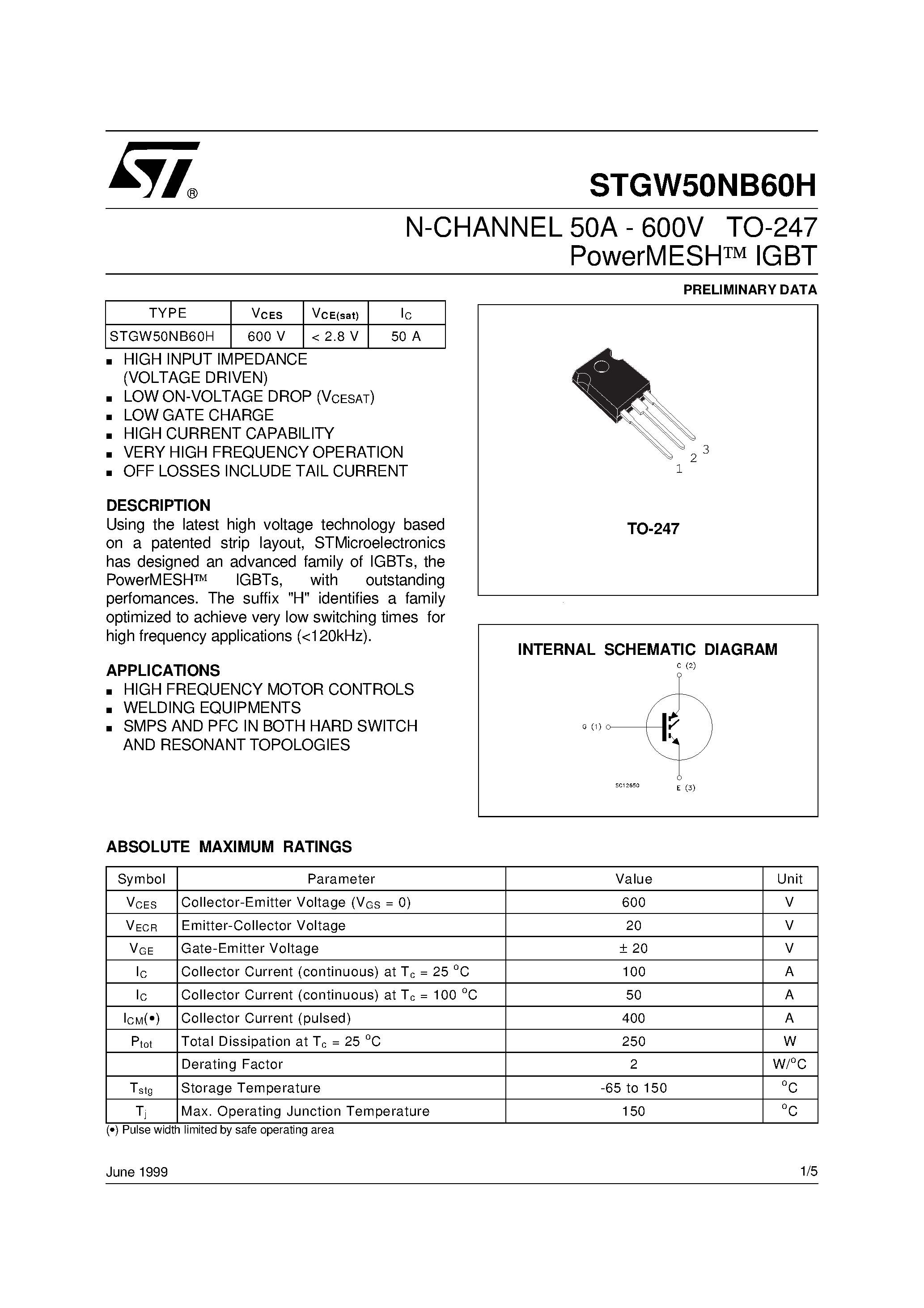 Datasheet STGW50NB60H page 1 Datasheet STGW50NB60H - N-CHANNEL 50A - 600V TO-247 PowerMESH IGBT page 1