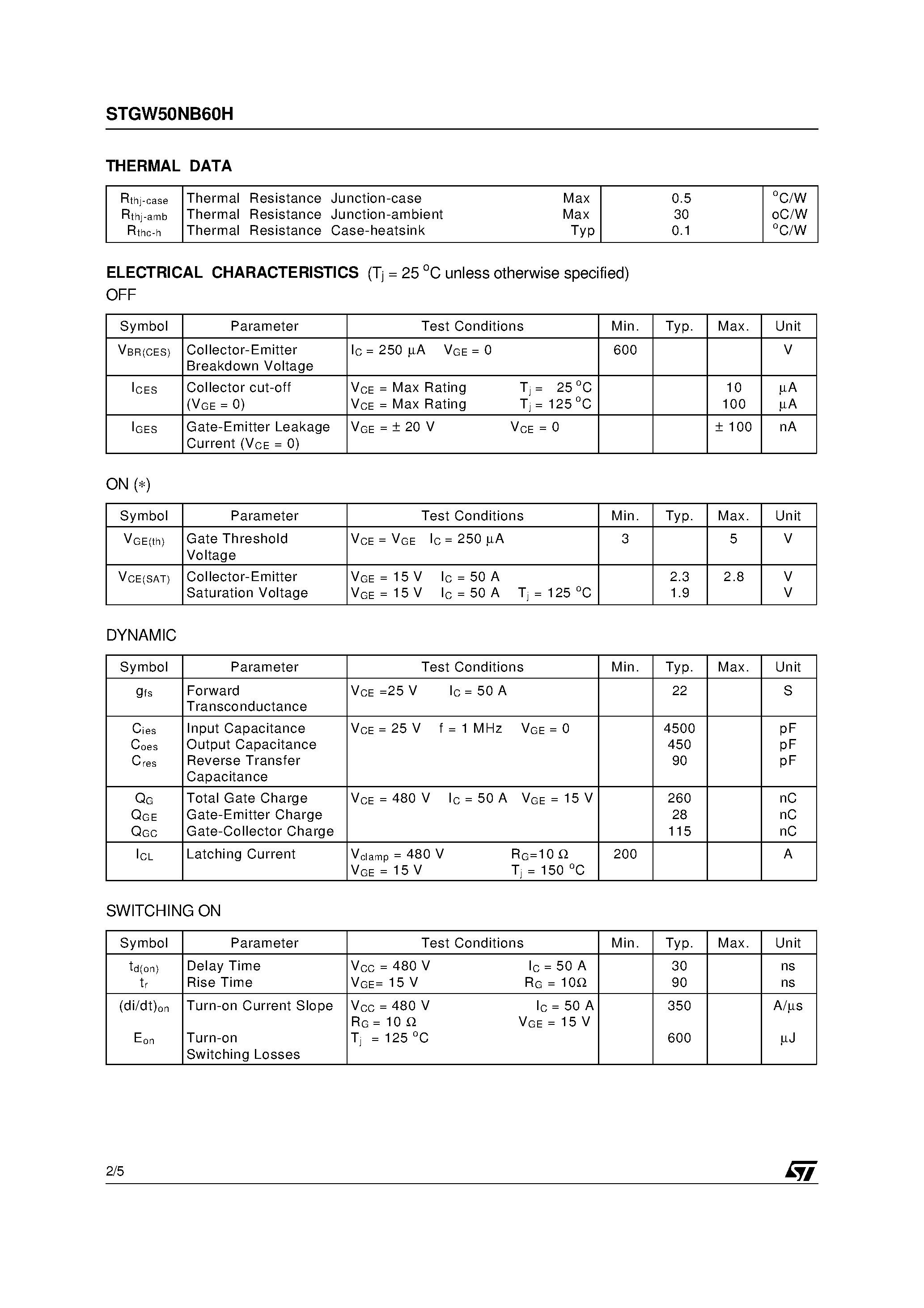 Datasheet STGW50NB60H page 2 Datasheet STGW50NB60H - N-CHANNEL 50A - 600V TO-247 PowerMESH IGBT page 2