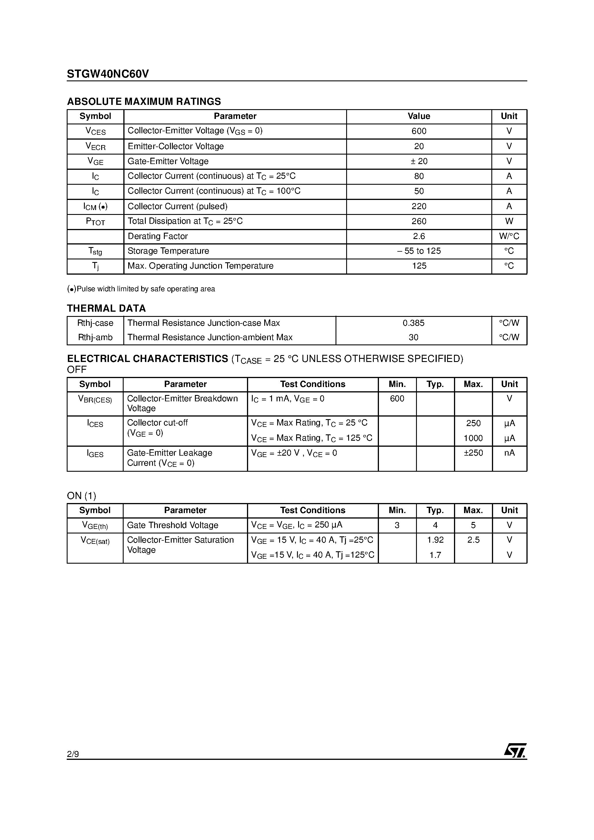 Datasheet STGW40NC60V page 2 Datasheet STGW40NC60V - N-CHANNEL 50A - 600V TO-247 Hyper Fast PowerMESH IGBT page 2