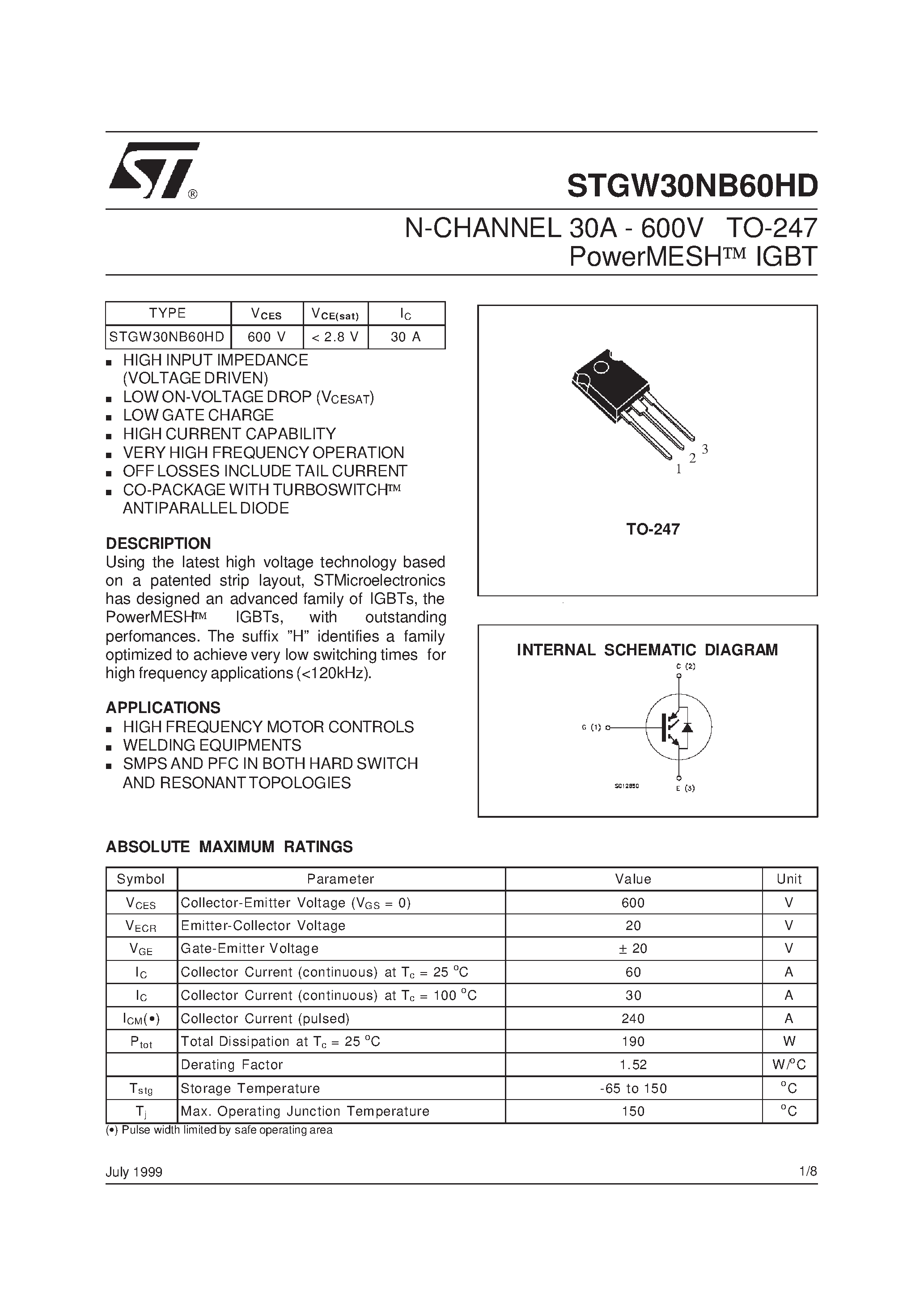 Datasheet STGW30NB60HD page 1 Datasheet STGW30NB60HD - N-CHANNEL 30A - 600V TO-247 PowerMESH IGBT page 1