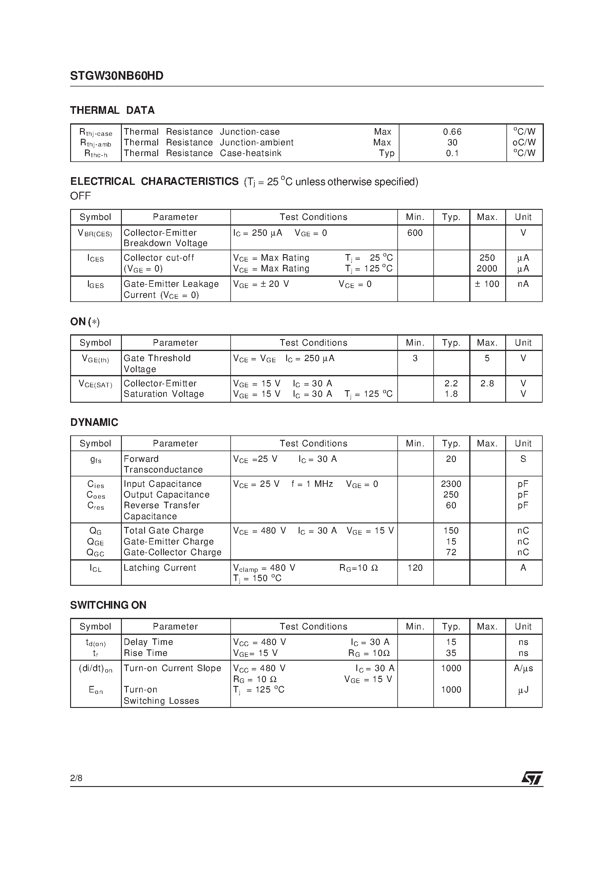 Datasheet STGW30NB60HD page 2 Datasheet STGW30NB60HD - N-CHANNEL 30A - 600V TO-247 PowerMESH IGBT page 2