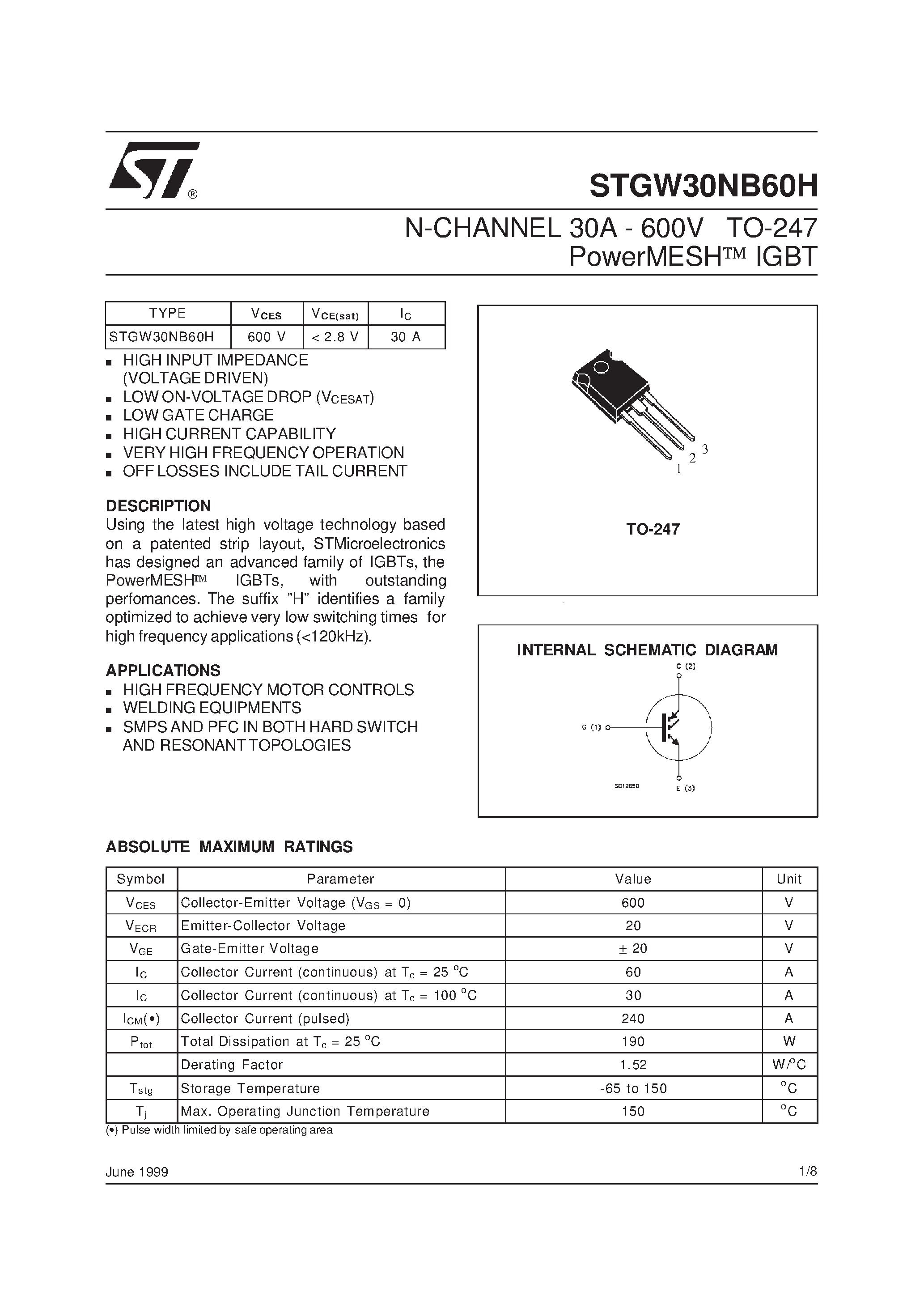 Datasheet STGW30NB60H - N-CHANNEL 30A - 600V TO-247 PowerMESH IGBT page 1