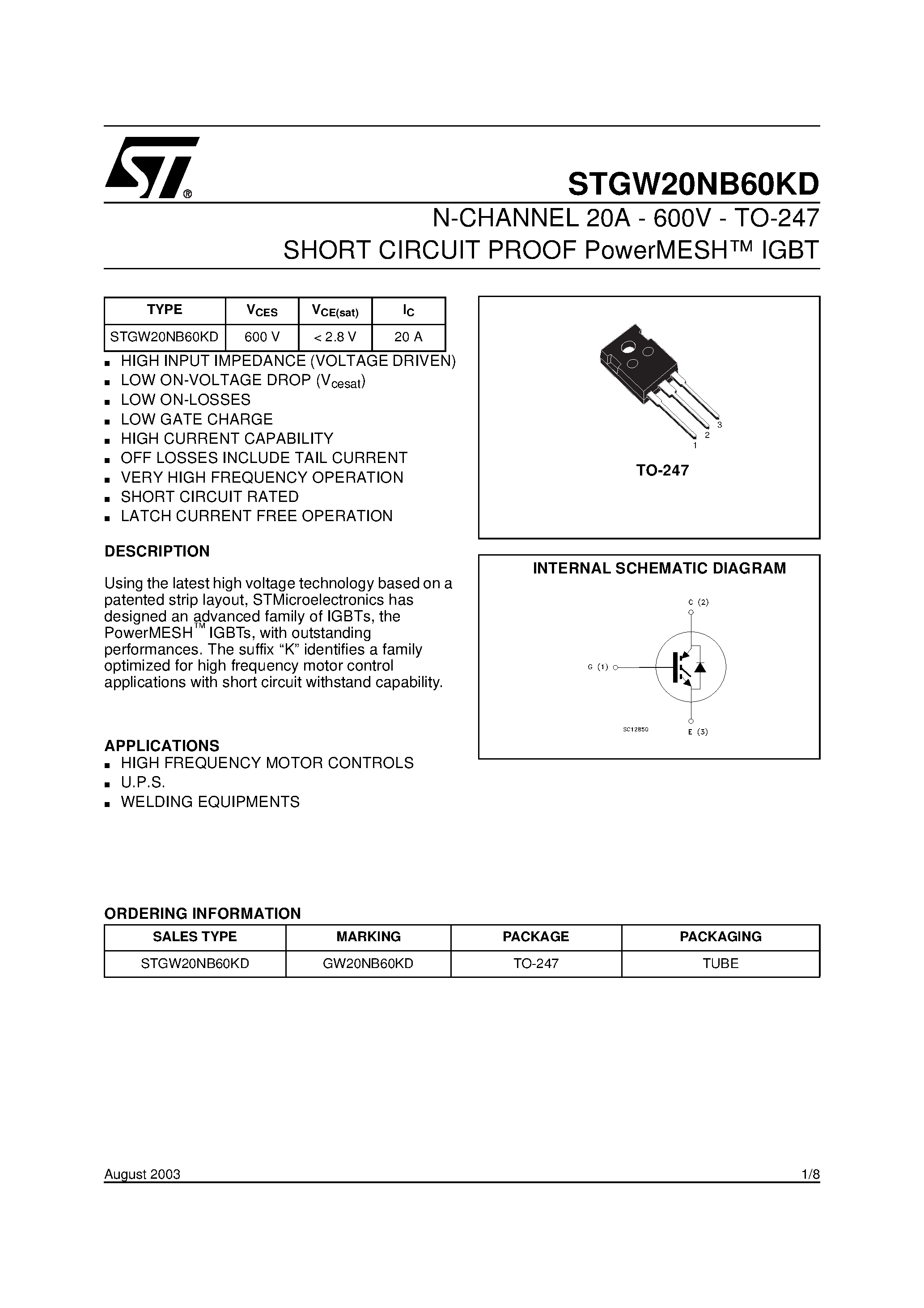Datasheet STGW20NB60KD - N-CHANNEL 20A - 600V - TO-247 SHORT CIRCUIT PROOF PowerMESH IGBT page 1