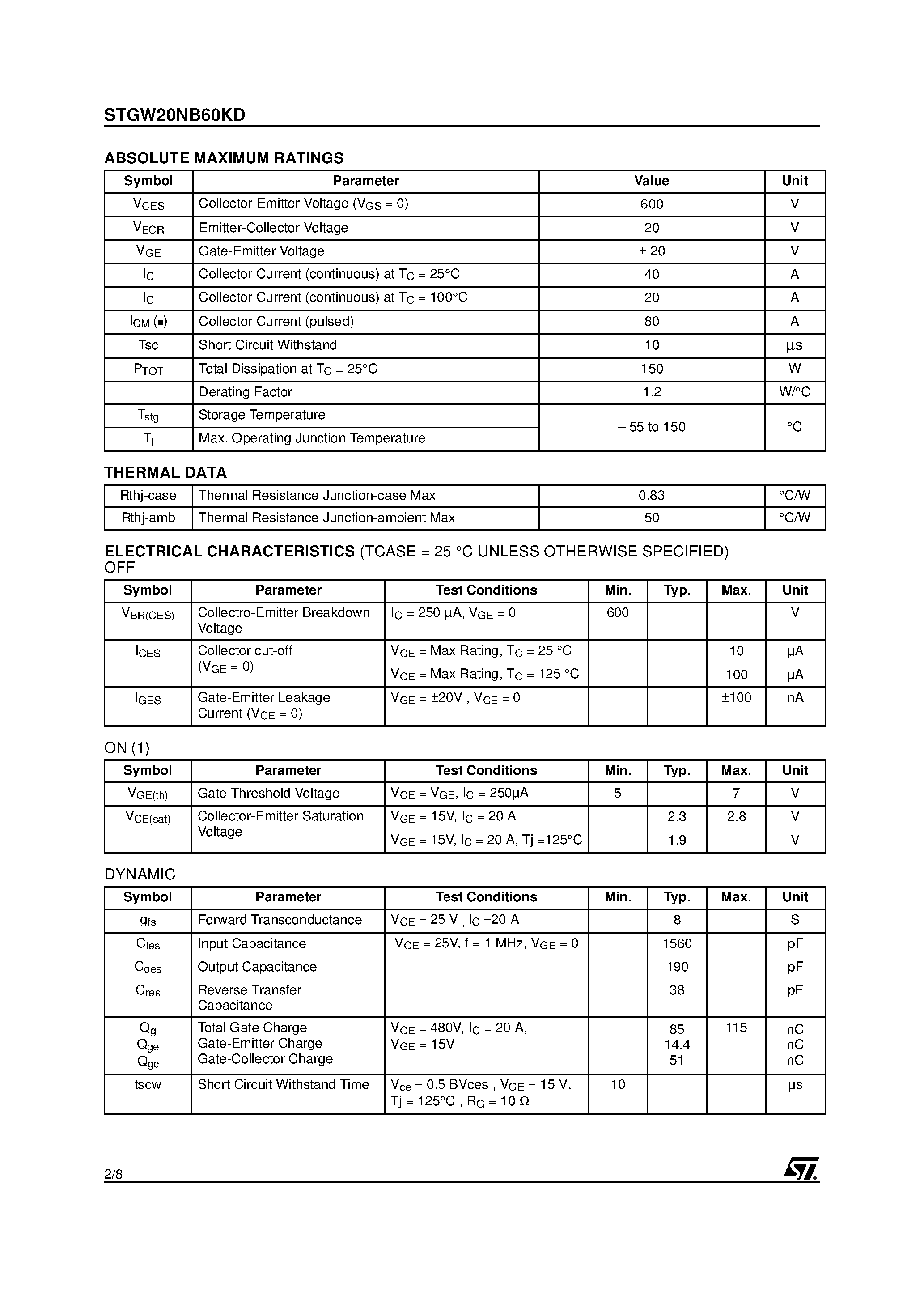 Datasheet STGW20NB60KD - N-CHANNEL 20A - 600V - TO-247 SHORT CIRCUIT PROOF PowerMESH IGBT page 2