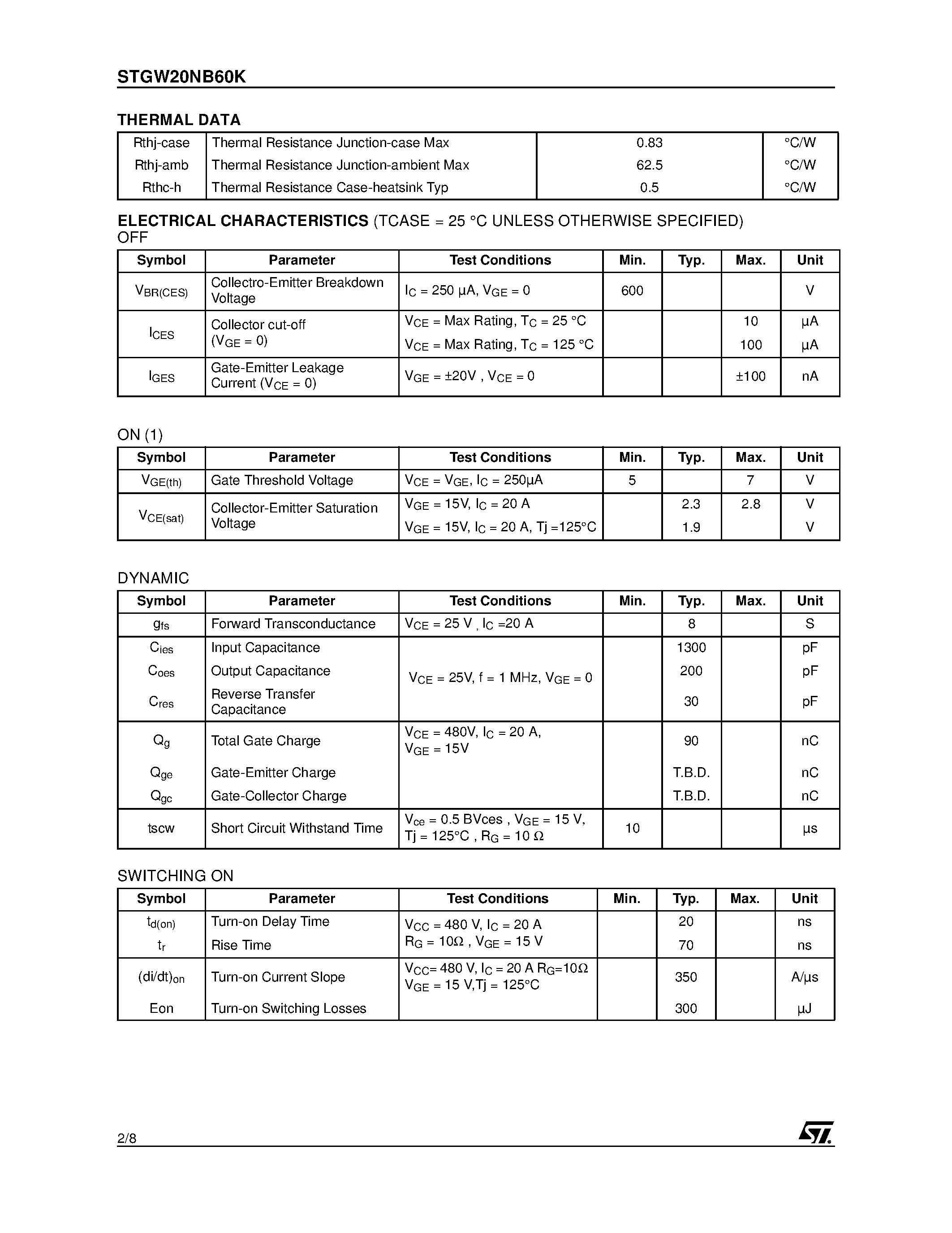 Datasheet STGW20NB60K page 2 Datasheet STGW20NB60K - N-CHANNEL 20A - 600V - TO-247 SHORT CIRCUIT PROOF PowerMESH IGBT page 2