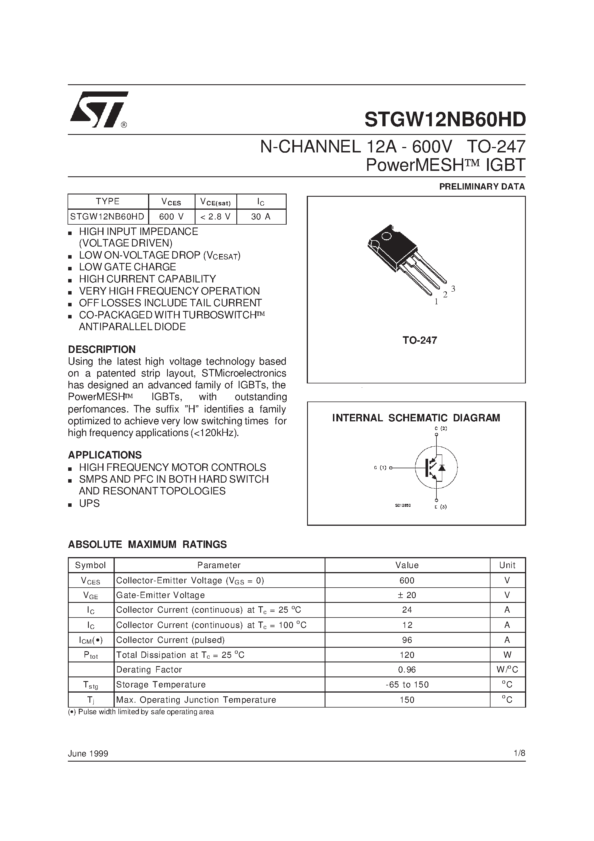 Datasheet STGW12NB60HD - N-CHANNEL 12A - 600V TO-247 PowerMESH IGBT page 1