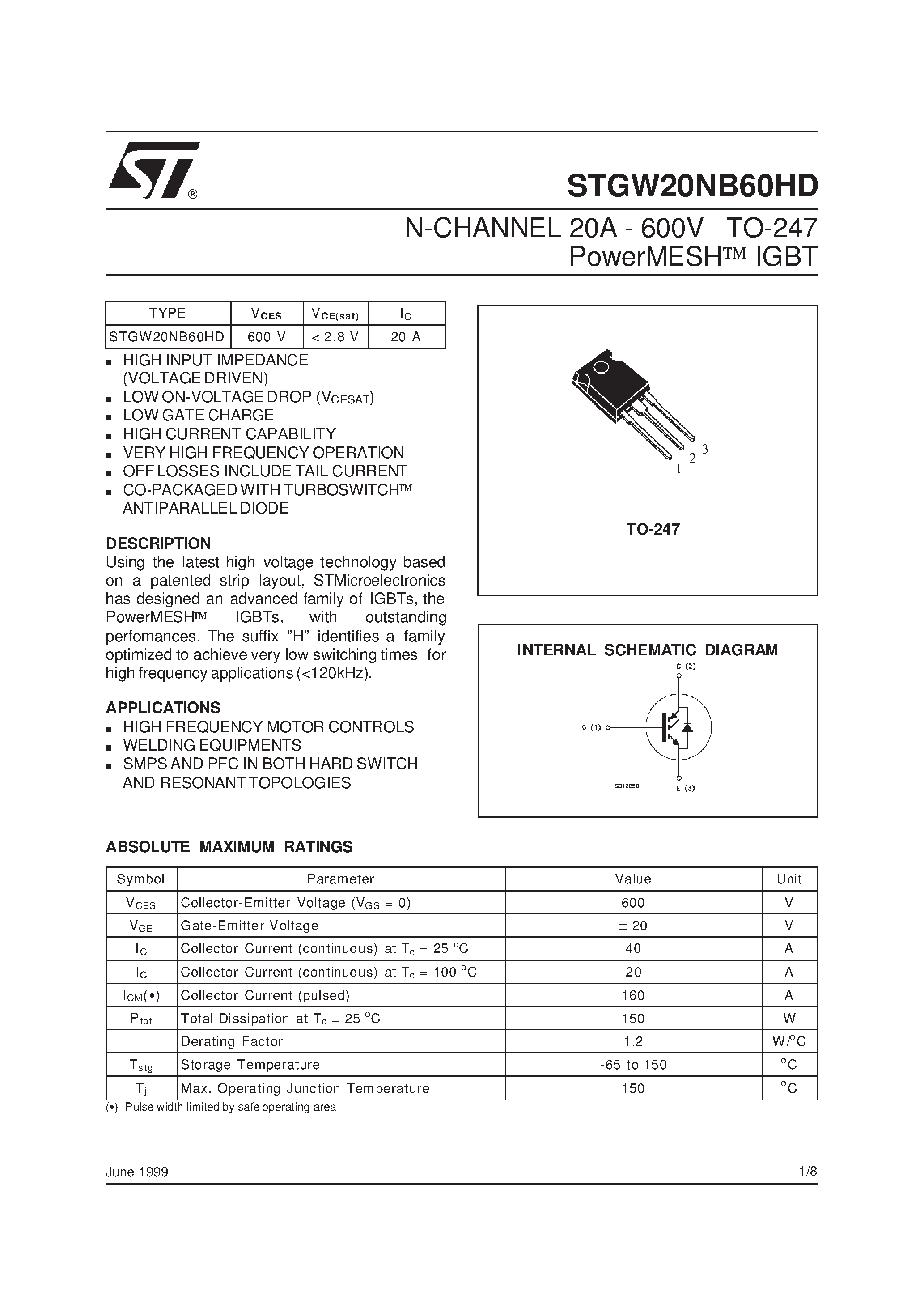 Datasheet STGW20NB60HD - N-CHANNEL 20A - 600V TO-247 PowerMESH IGBT page 1