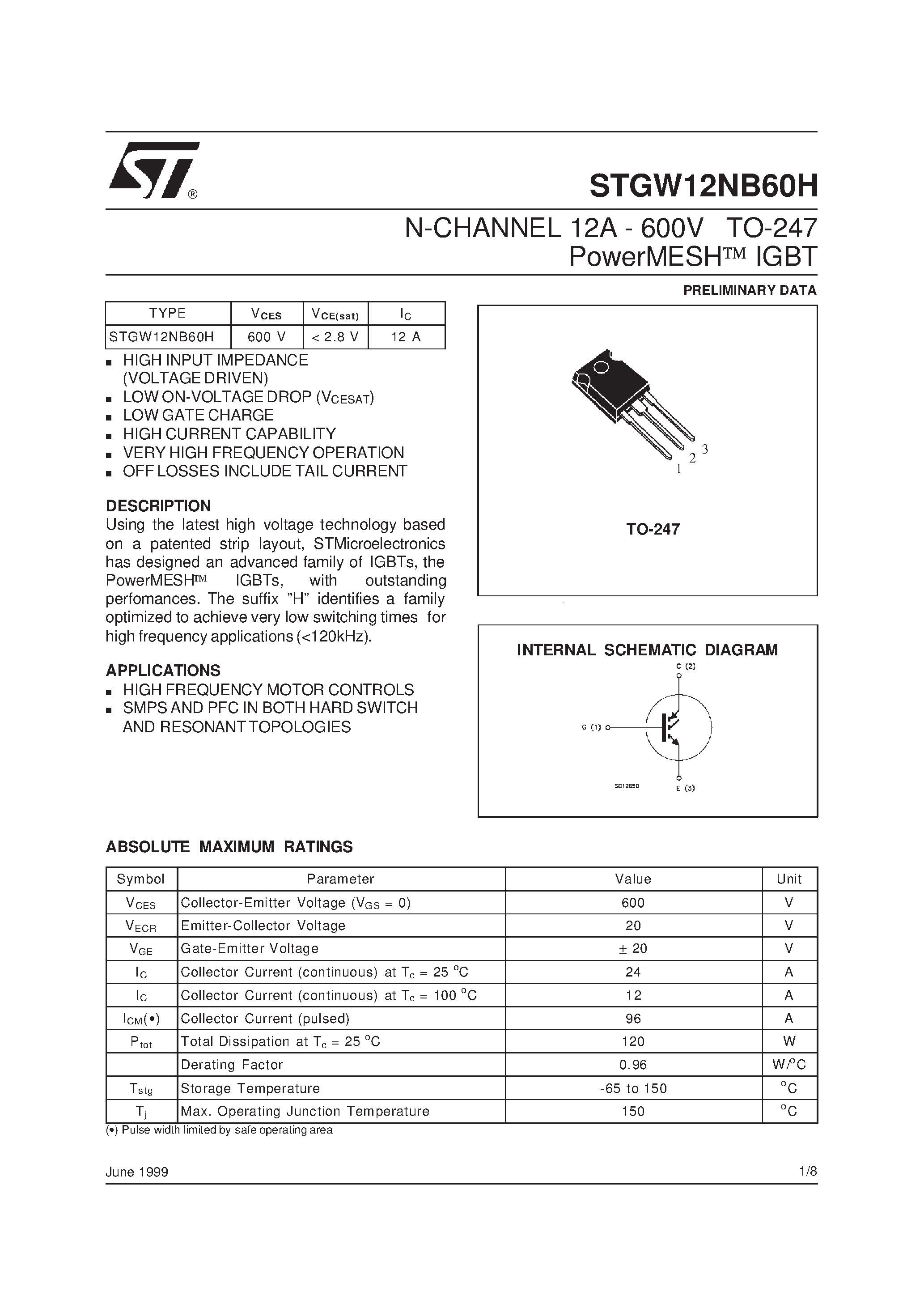 Datasheet STGW12NB60H - N-CHANNEL 12A - 600V TO-247 PowerMESH IGBT page 1