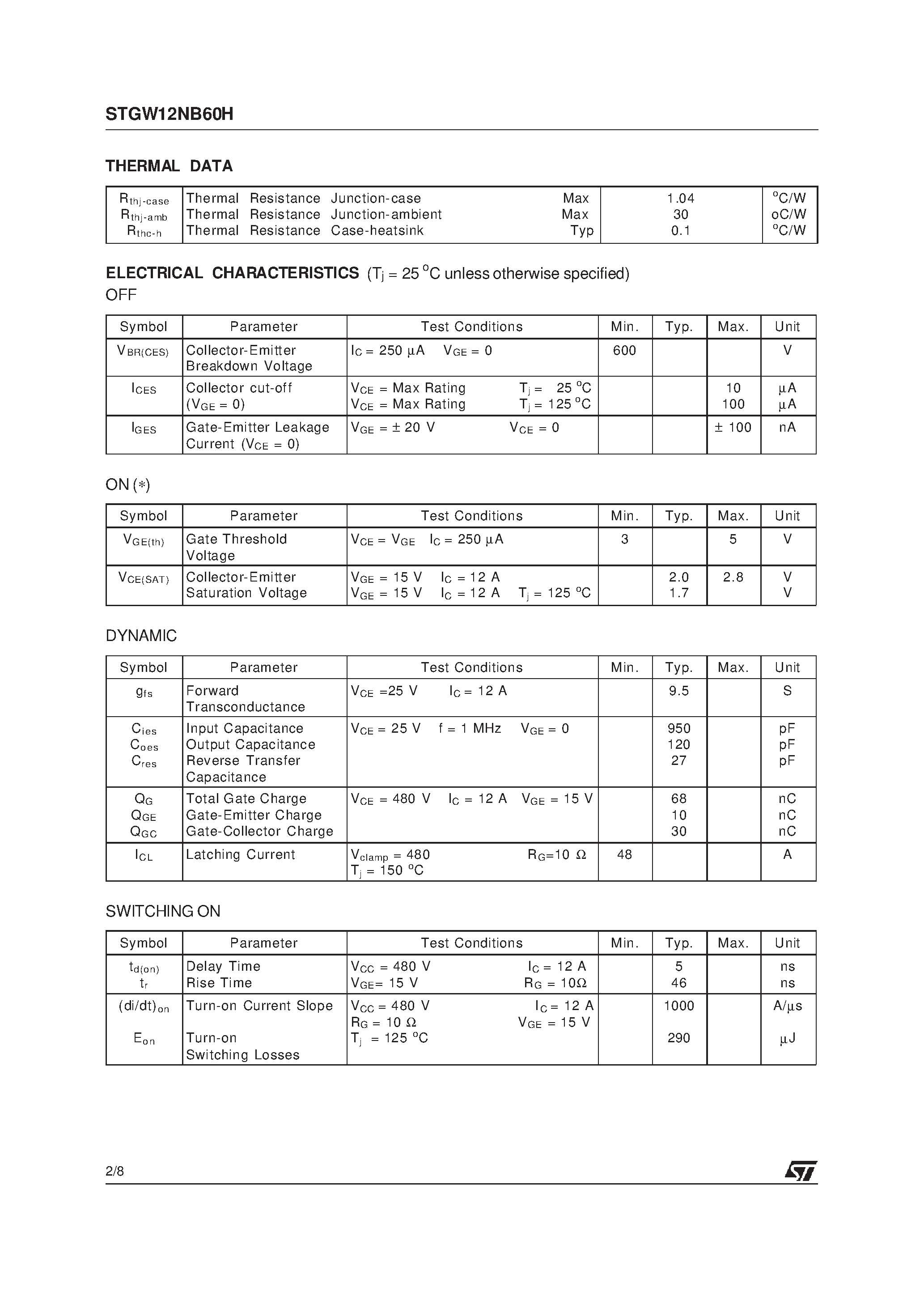 Datasheet STGW12NB60H - N-CHANNEL 12A - 600V TO-247 PowerMESH IGBT page 2