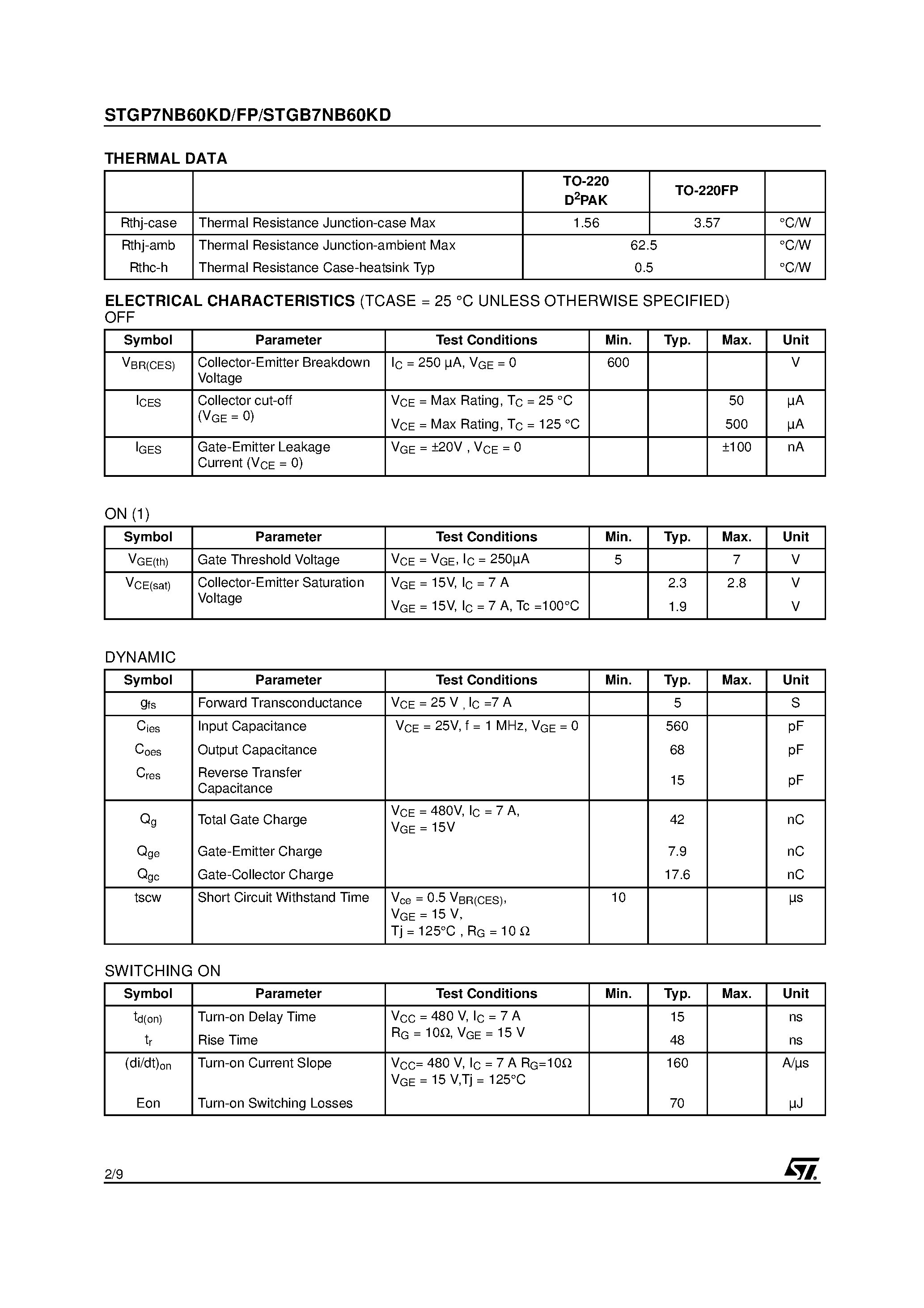 Datasheet STGB7NB60KD page 2 Datasheet STGB7NB60KD - (STGP7NB60KD / STGB7NB60KD) N-CHANNEL 7A - 600V - TO-220/TO-220FP/D2PAK PowerMESH IGBT page 2