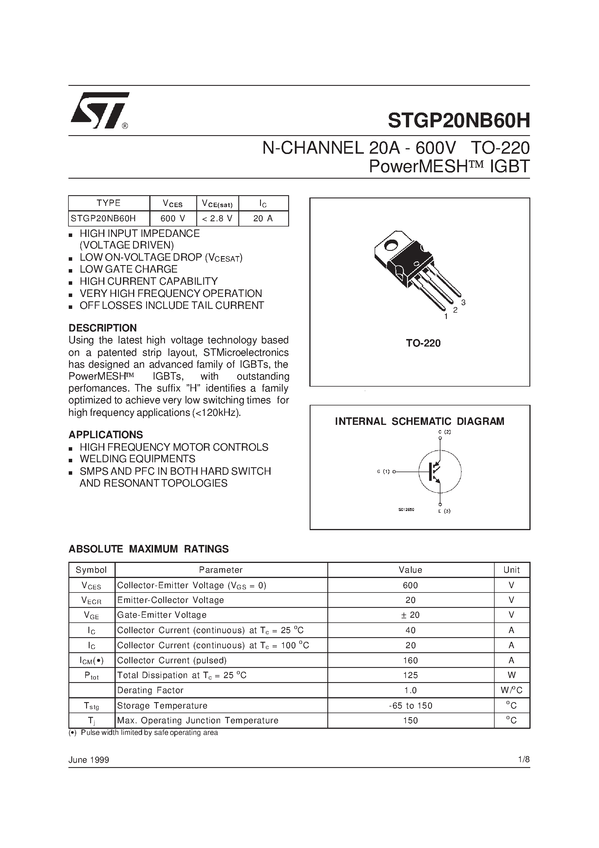 Datasheet STGP20NB60H - N-CHANNEL 20A - 600V TO-220 PowerMESH IGBT page 1