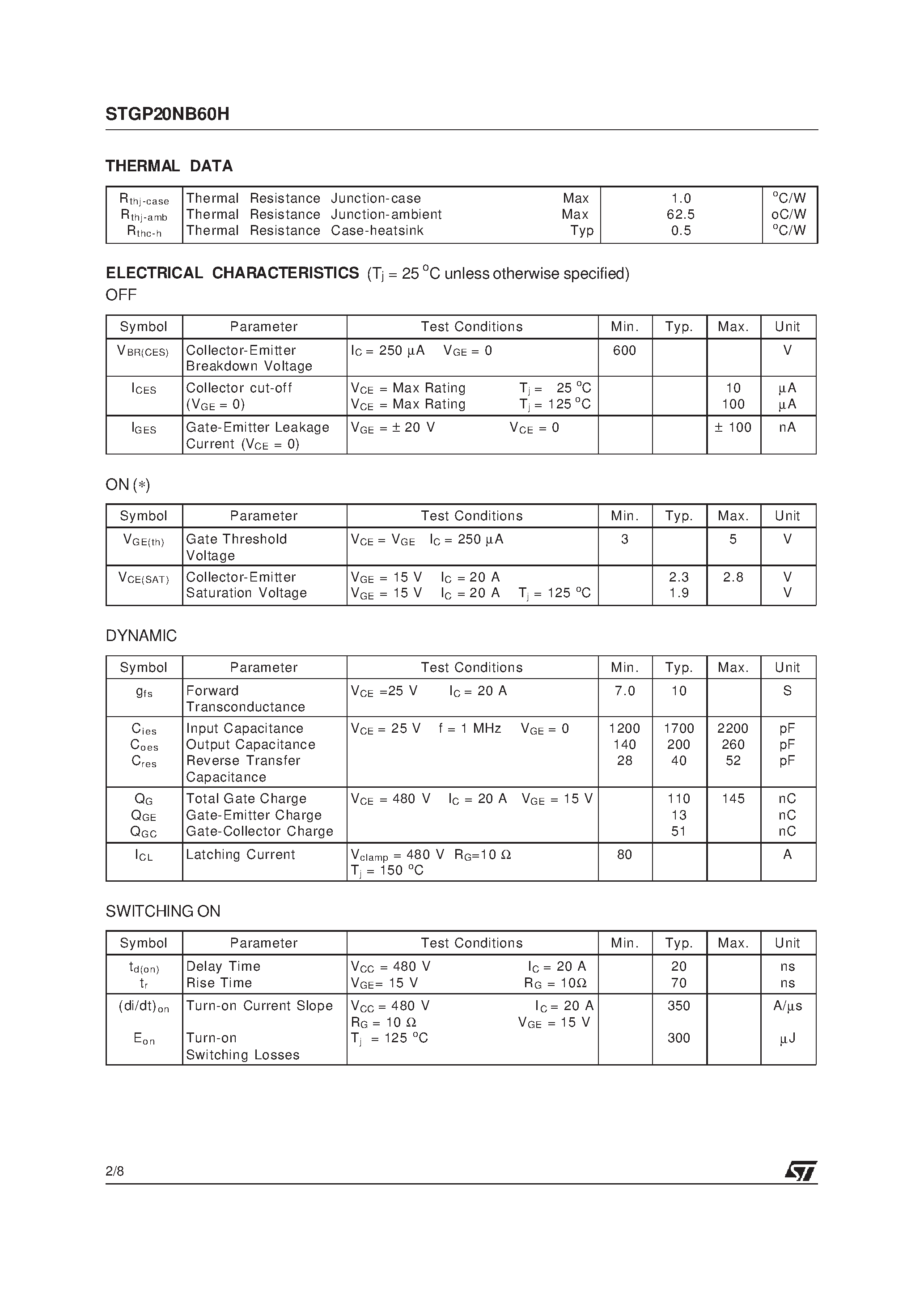 Datasheet STGP20NB60H - N-CHANNEL 20A - 600V TO-220 PowerMESH IGBT page 2