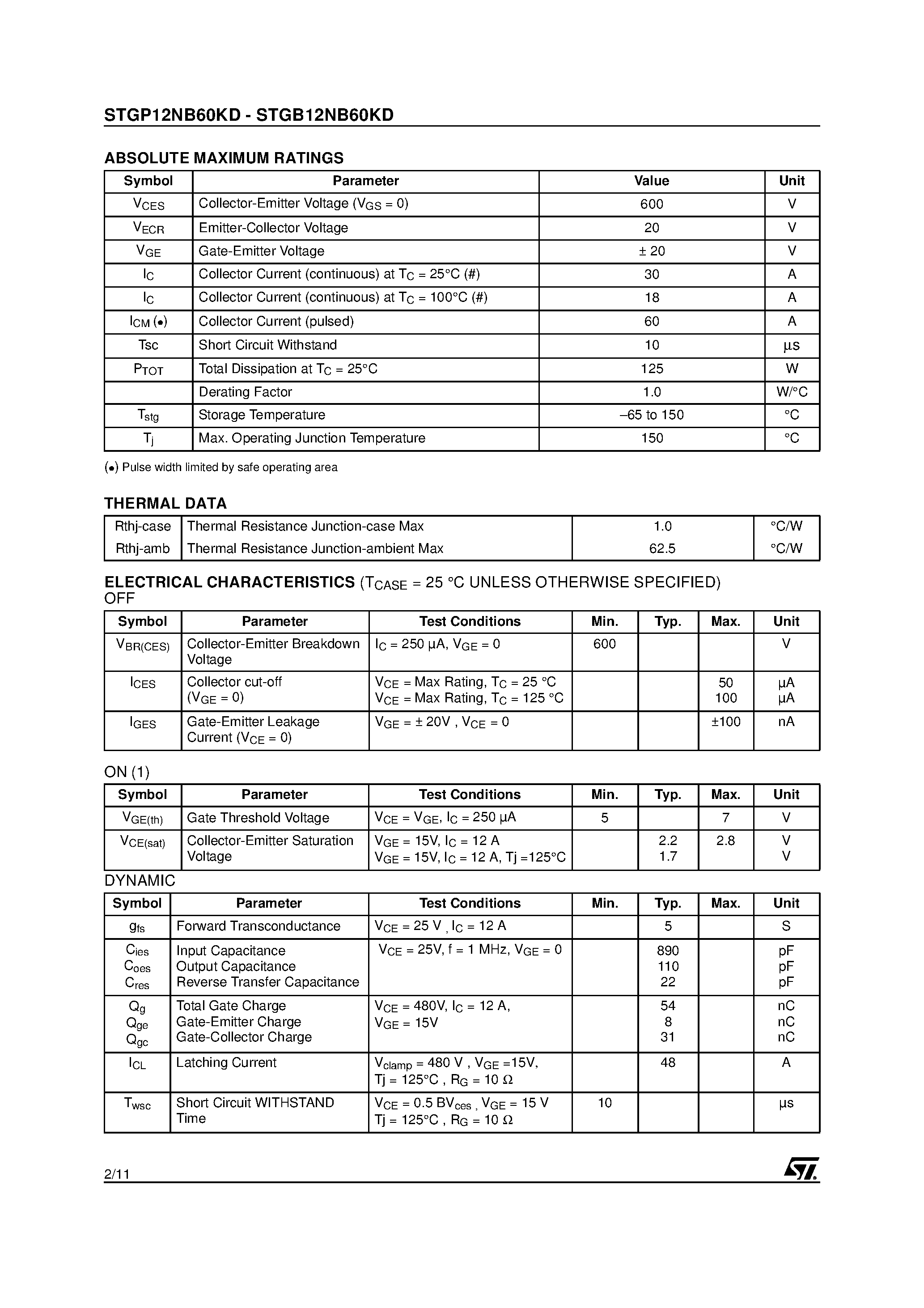 Datasheet STGB12NB60KD - (STGP12NB60KD / STGB12NB60KD) N-CHANNEL 18A - 600V TO-220/D2PAK SHORT CIRCUIT PROOF PowerMESH IGBT page 2