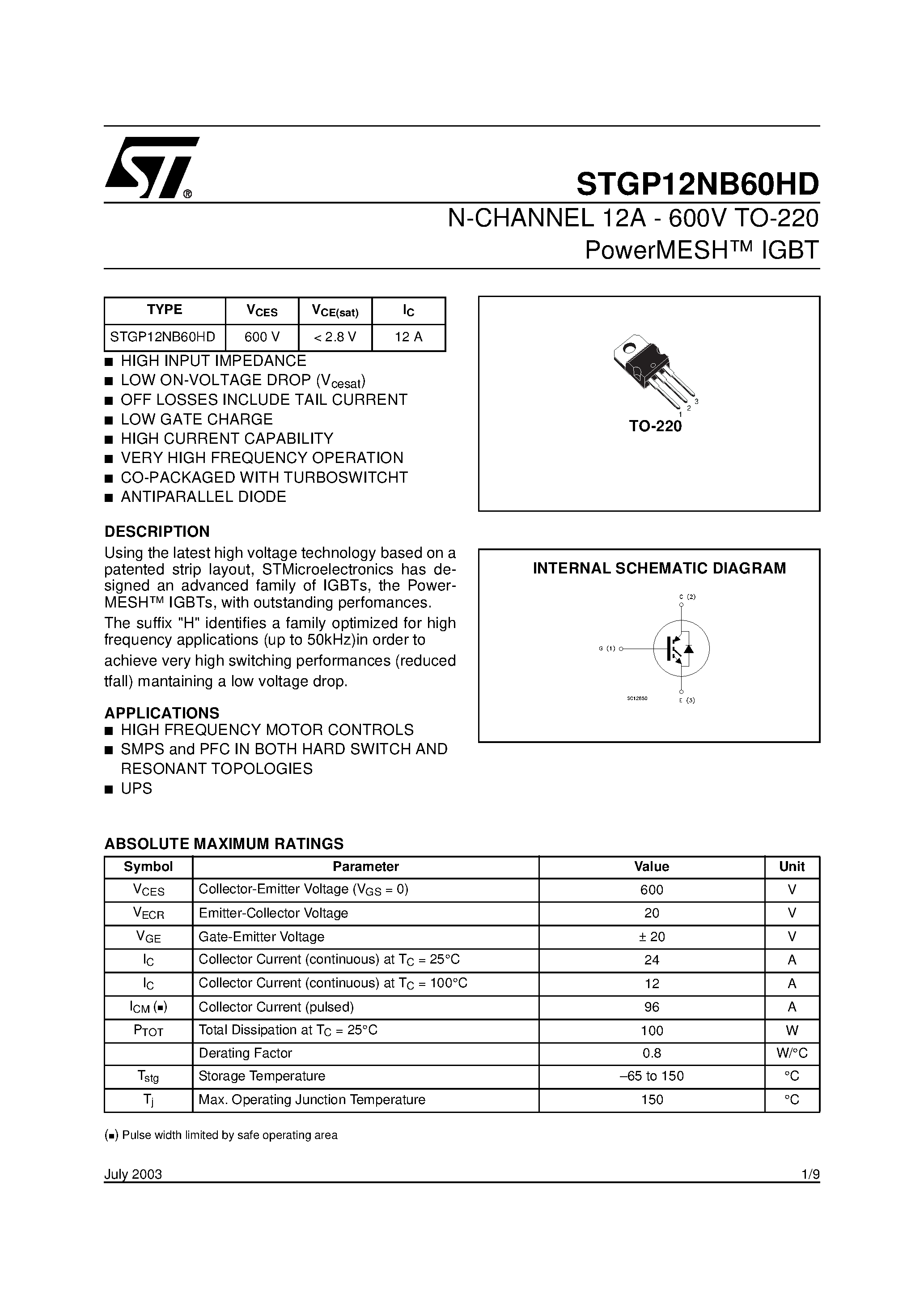 Datasheet STGP12NB60HD - N-CHANNEL 12A - 600V TO-220 PowerMESH IGBT page 1