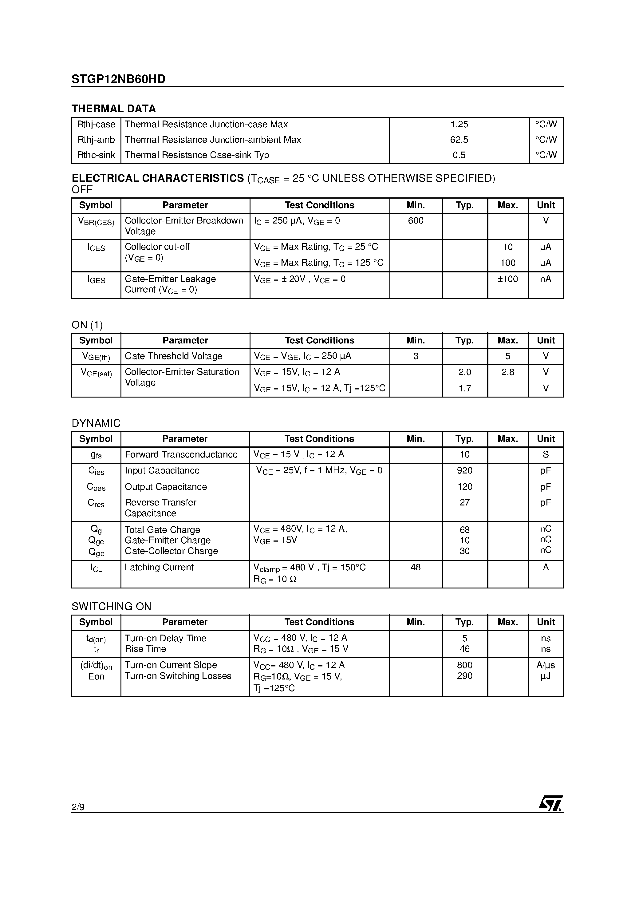 Datasheet STGP12NB60HD - N-CHANNEL 12A - 600V TO-220 PowerMESH IGBT page 2