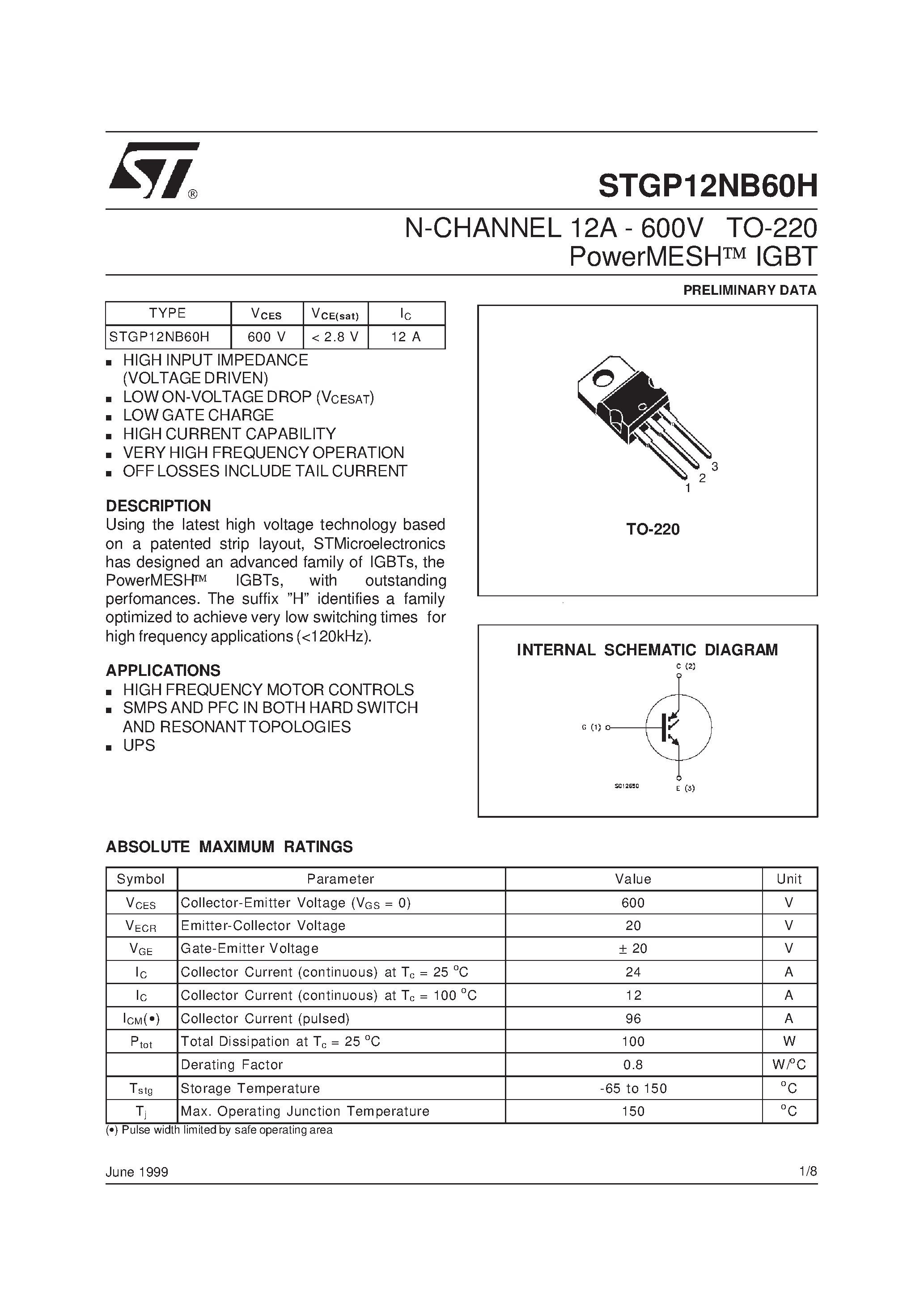 Datasheet STGP12NB60H - N-CHANNEL 12A - 600V TO-220 PowerMESH IGBT page 1