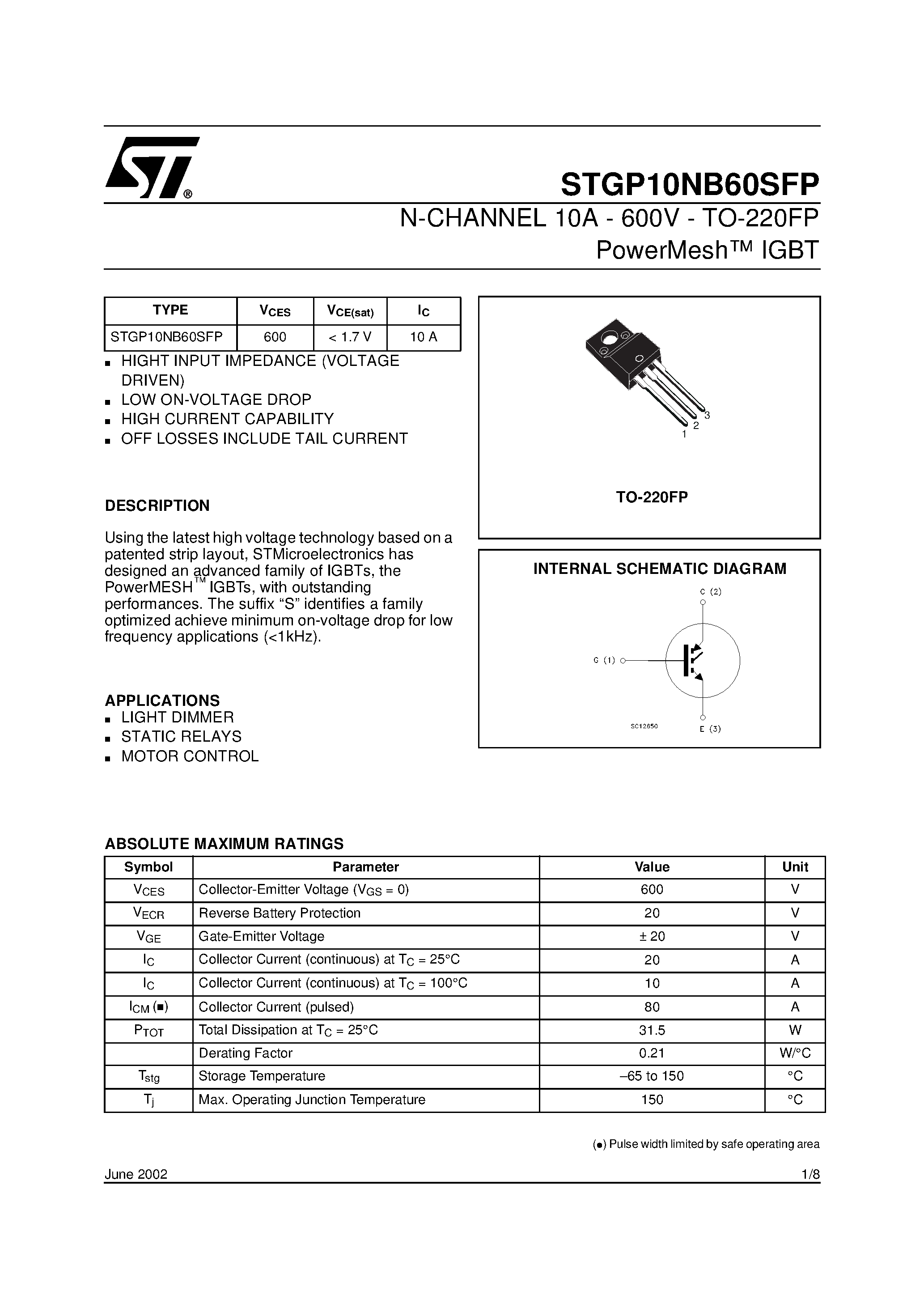 Datasheet STGP10NB60SFP - N-CHANNEL 10A - 600V - TO-220FP PowerMesh IGBT page 1