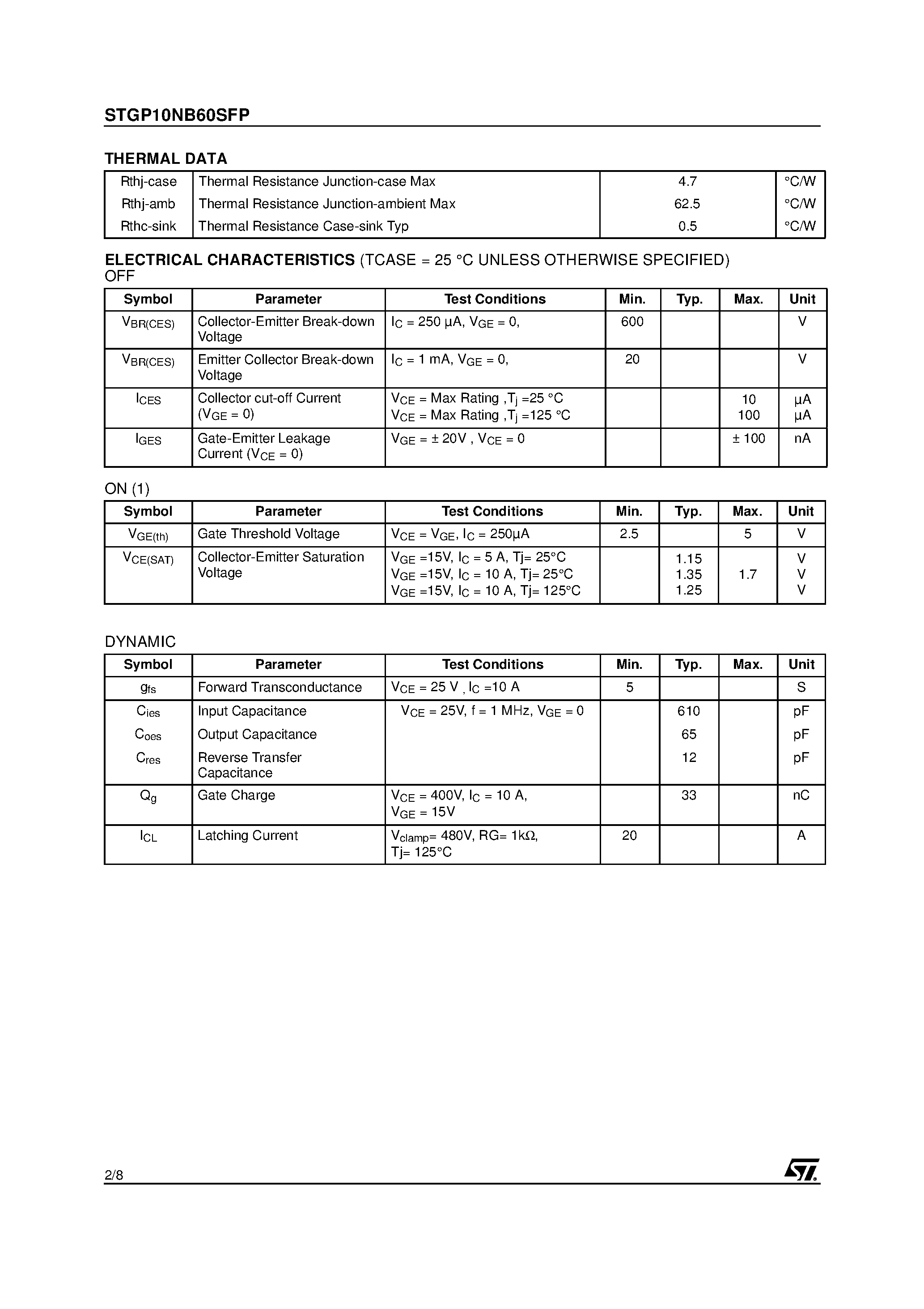 Datasheet STGP10NB60SFP - N-CHANNEL 10A - 600V - TO-220FP PowerMesh IGBT page 2