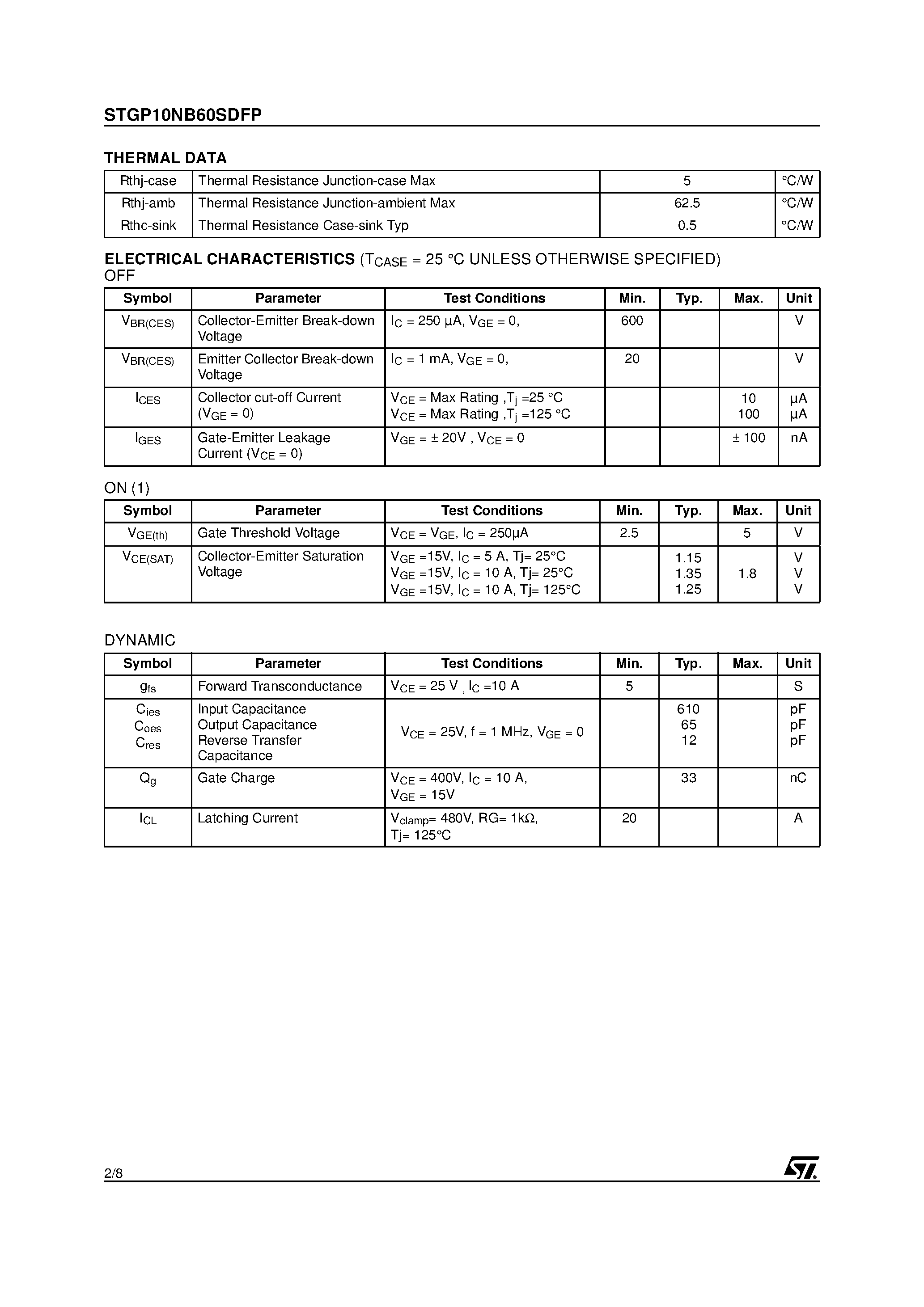 Datasheet STGP10NB60SDFP - N-CHANNEL 10A - 600V - TO-220FP PowerMesh IGBT page 2