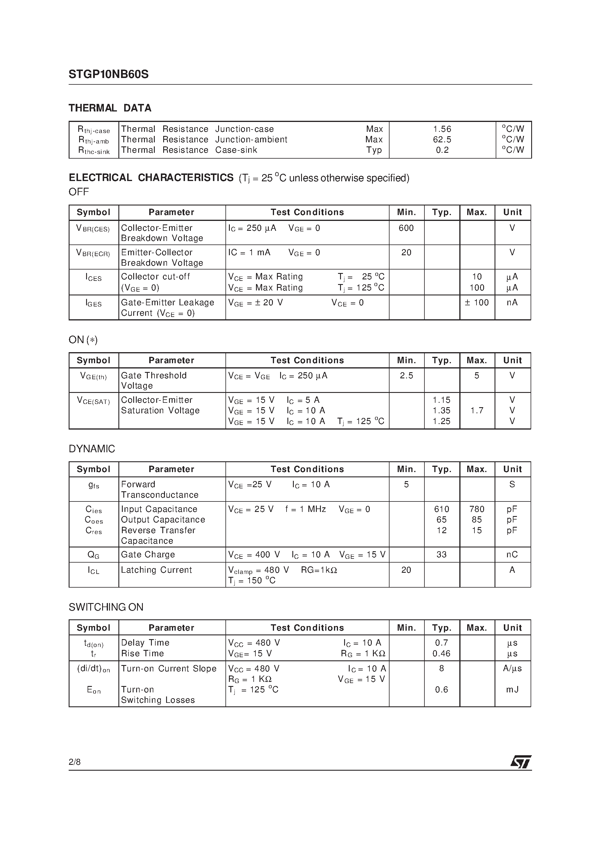Datasheet STGP10NB60S - N-CHANNEL 10A - 600V TO-220 PowerMESH IGBT page 2
