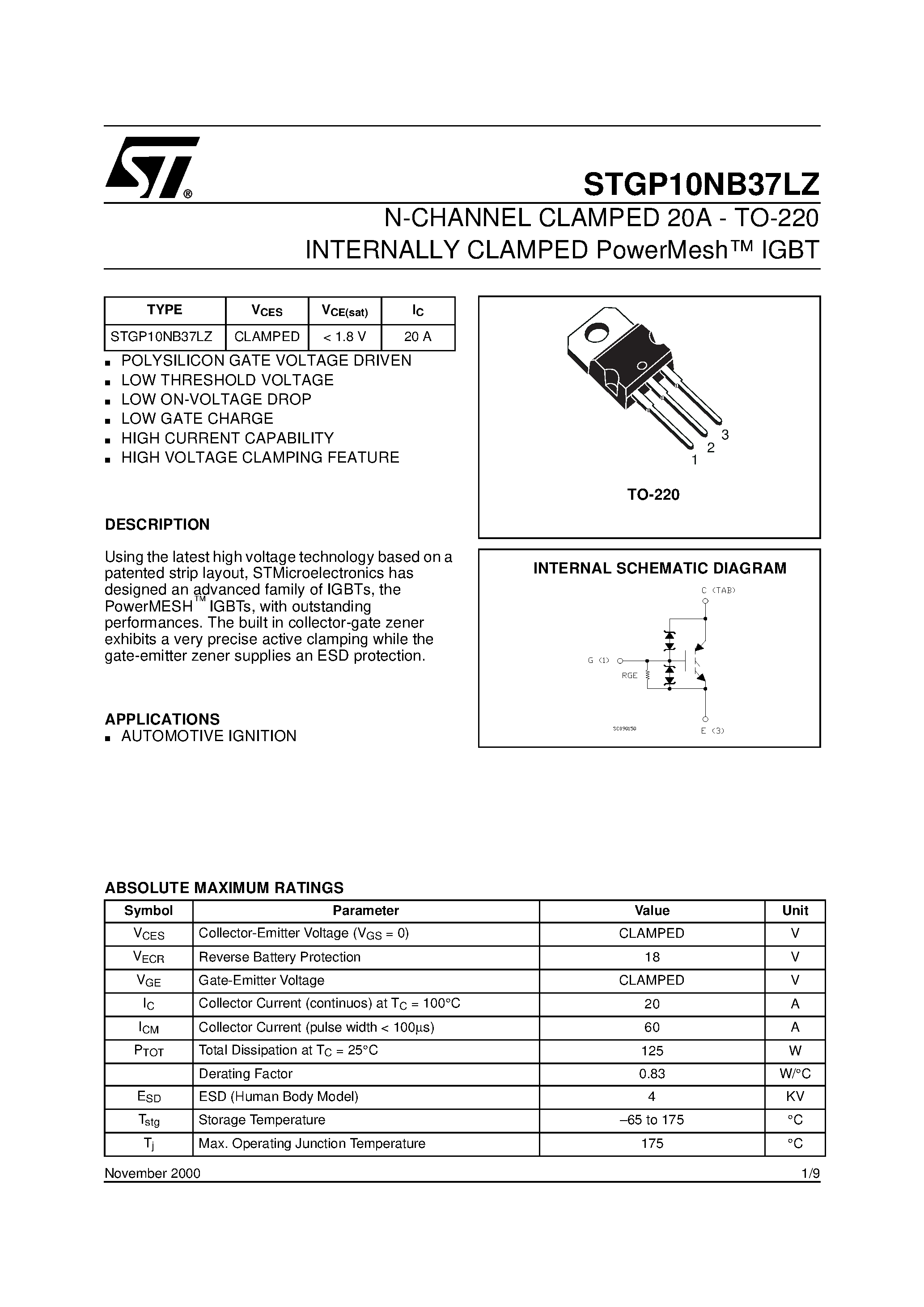 Datasheet STGP10NB37LZ - N-CHANNEL CLAMPED 20A - TO-220 INTERNALLY CLAMPED PowerMesh IGBT page 1