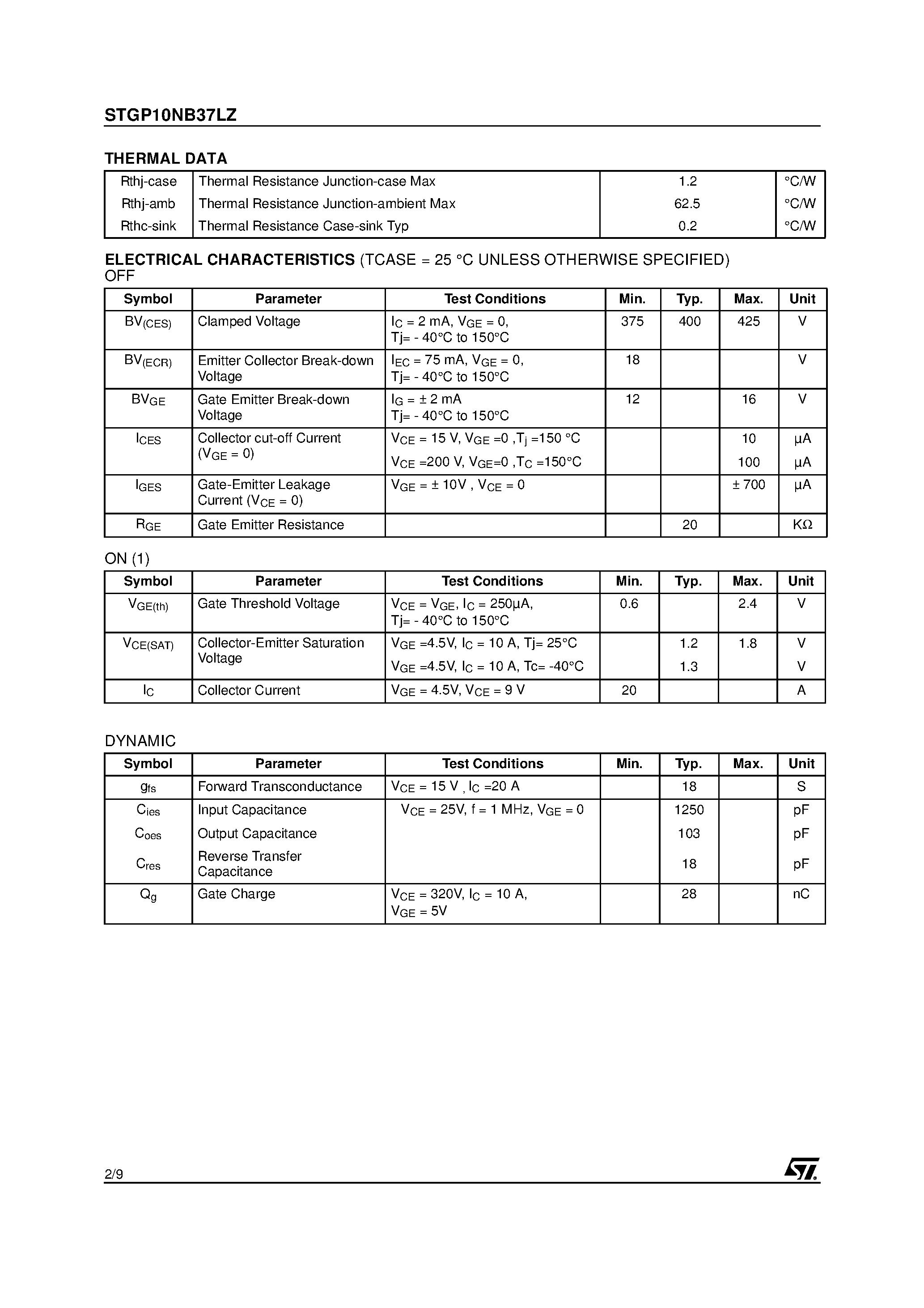 Datasheet STGP10NB37LZ - N-CHANNEL CLAMPED 20A - TO-220 INTERNALLY CLAMPED PowerMesh IGBT page 2