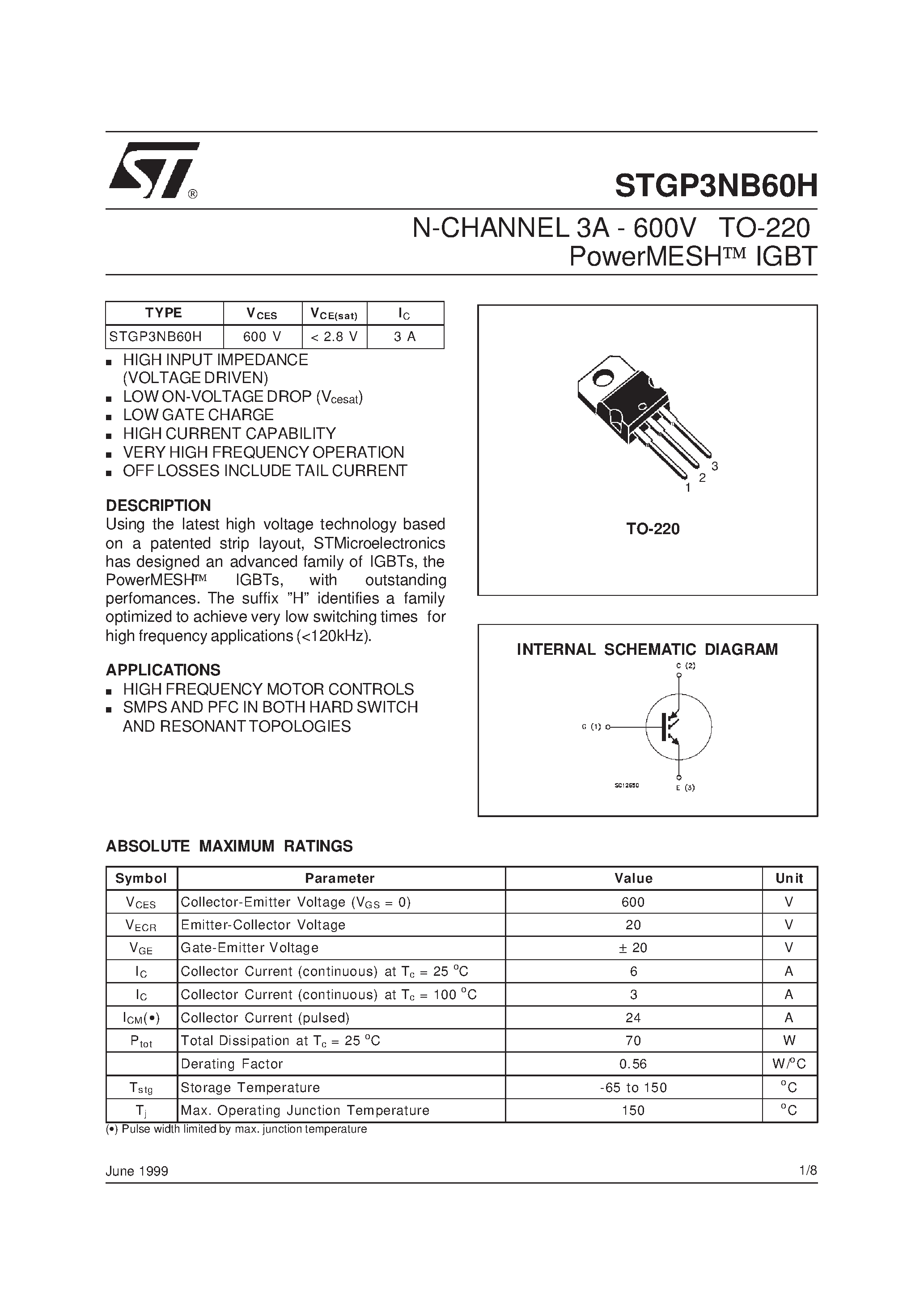 Datasheet STGP3NB60H - N-CHANNEL 3A - 600V TO-220 PowerMESH IGBT page 1