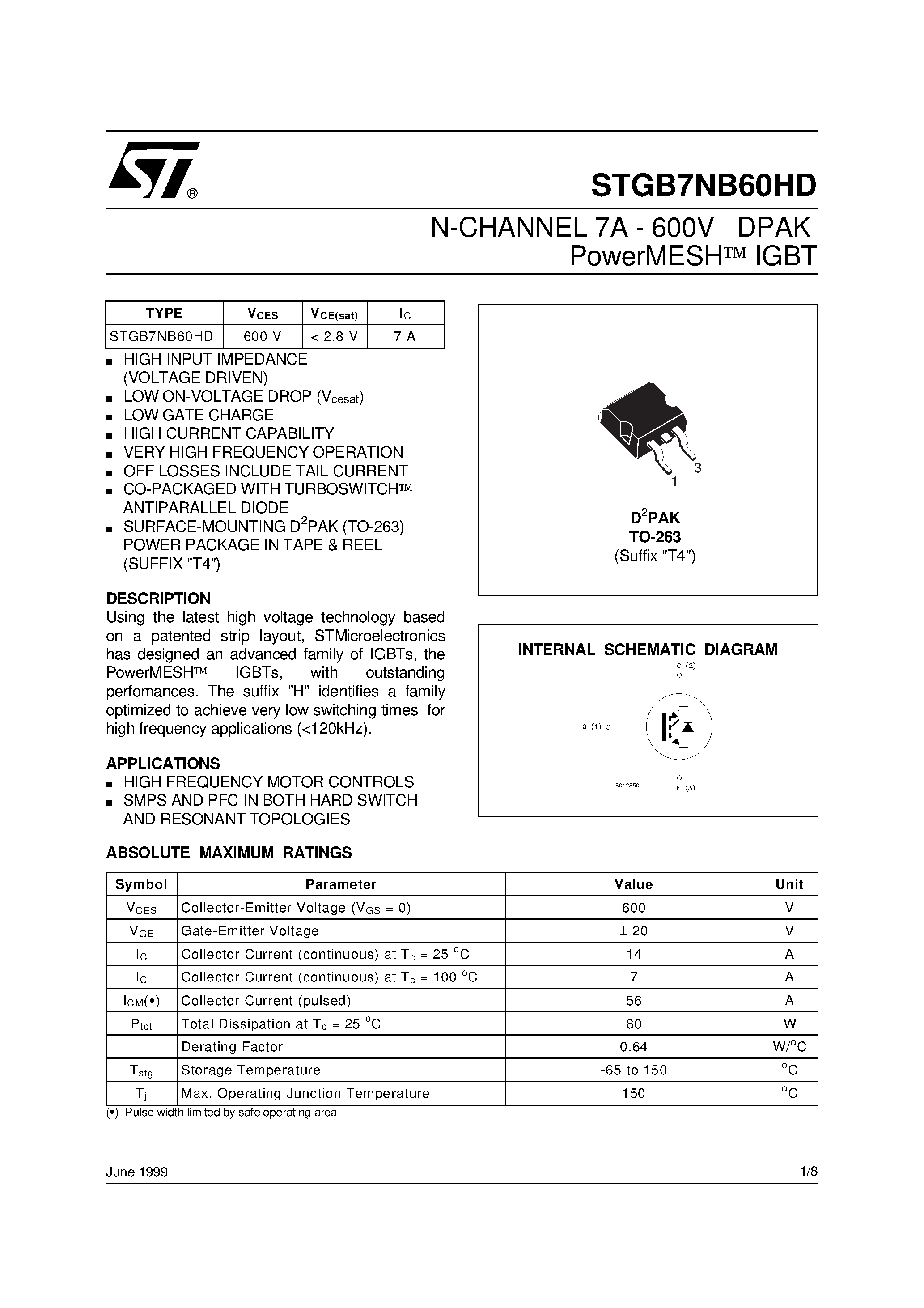 Datasheet STGB7NB60HD - N-CHANNEL 7A - 600V DPAK PowerMESH IGBT page 1
