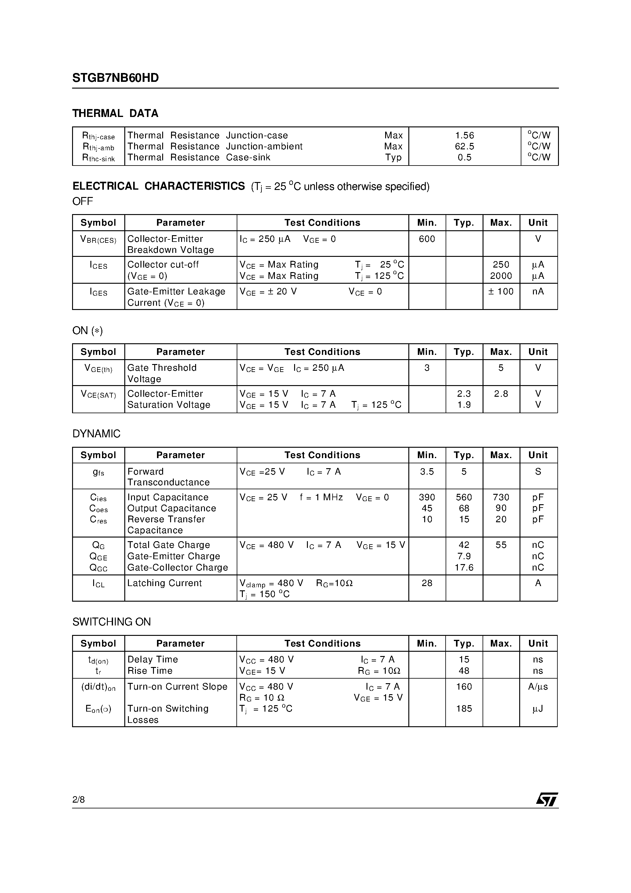 Datasheet STGB7NB60HD - N-CHANNEL 7A - 600V DPAK PowerMESH IGBT page 2