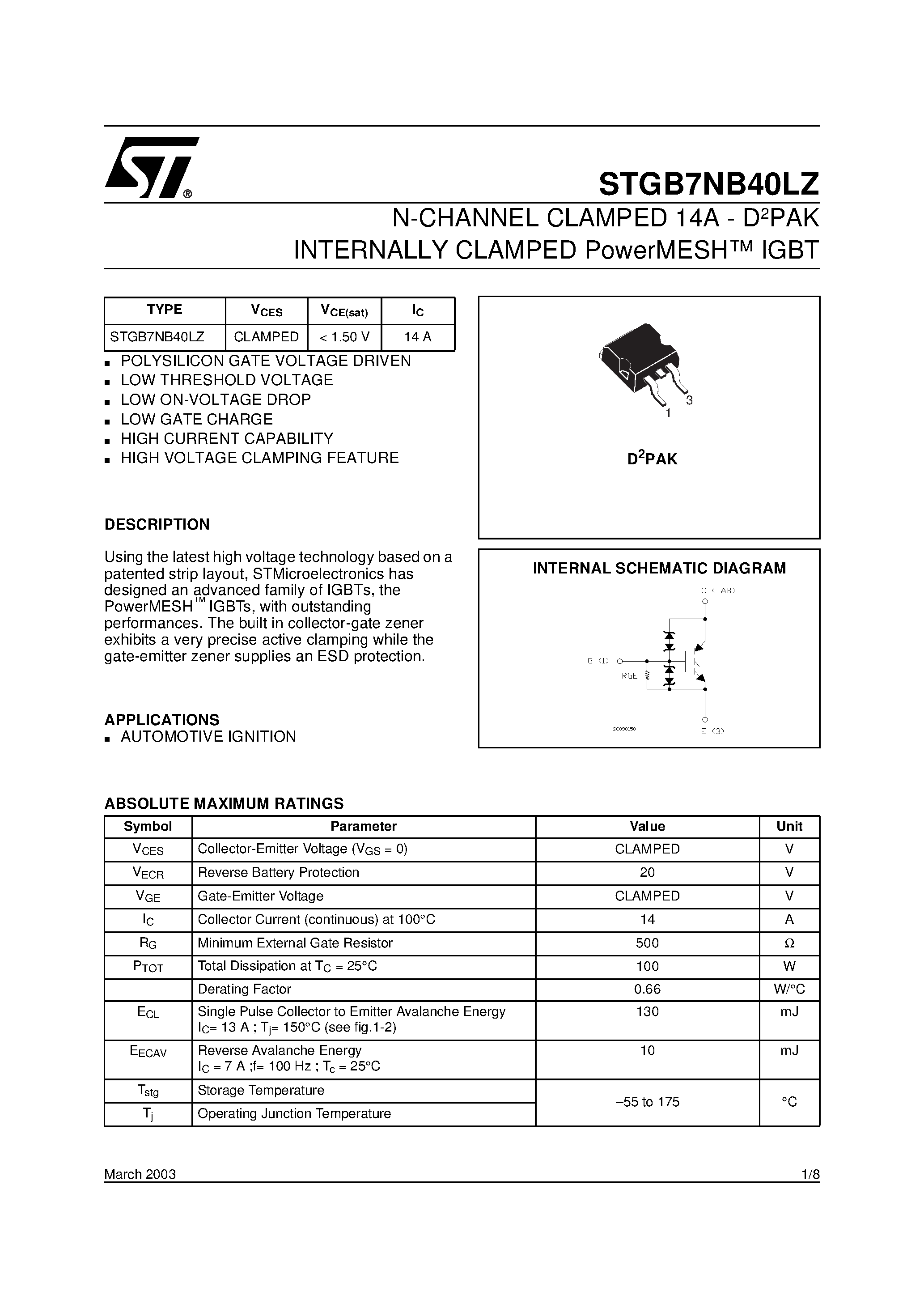 Datasheet STGB7NB40LZ - N-CHANNEL CLAMPED 14A - D2PAK INTERNALLY CLAMPED PowerMESH IGBT page 1