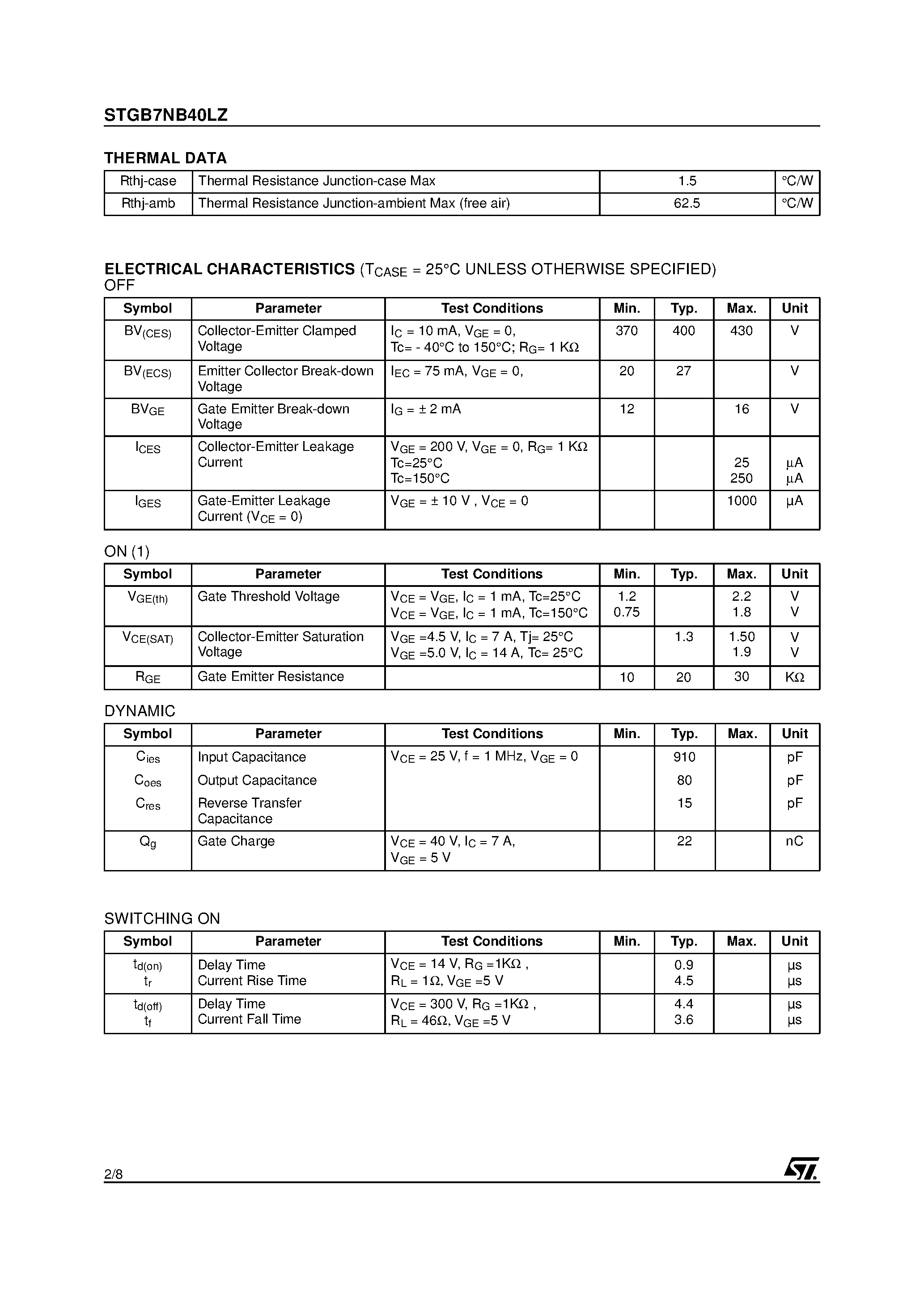 Datasheet STGB7NB40LZ - N-CHANNEL CLAMPED 14A - D2PAK INTERNALLY CLAMPED PowerMESH IGBT page 2