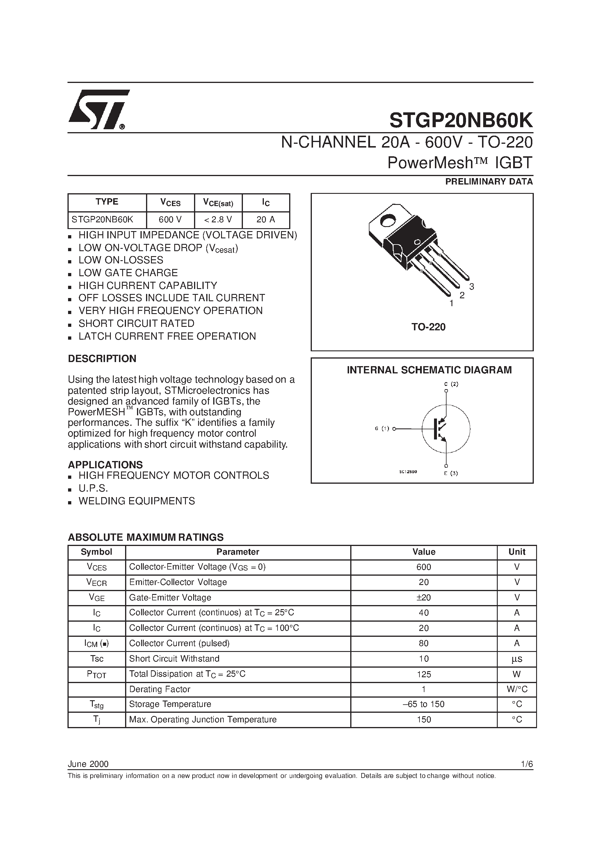 Datasheet STGP20NB60K - N-CHANNEL 20A - 600V - TO-220 PowerMesh IGBT page 1