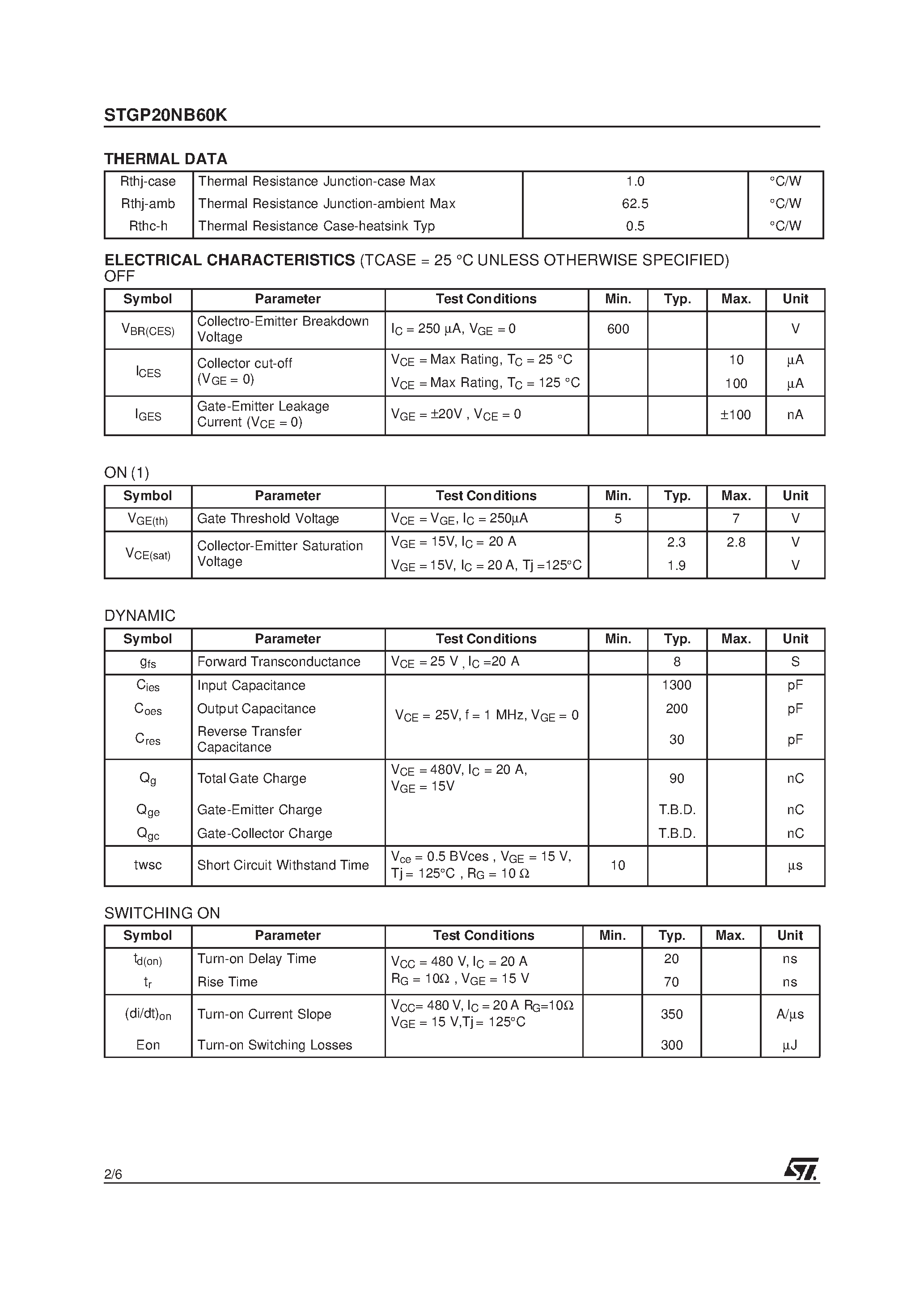 Datasheet STGP20NB60K - N-CHANNEL 20A - 600V - TO-220 PowerMesh IGBT page 2
