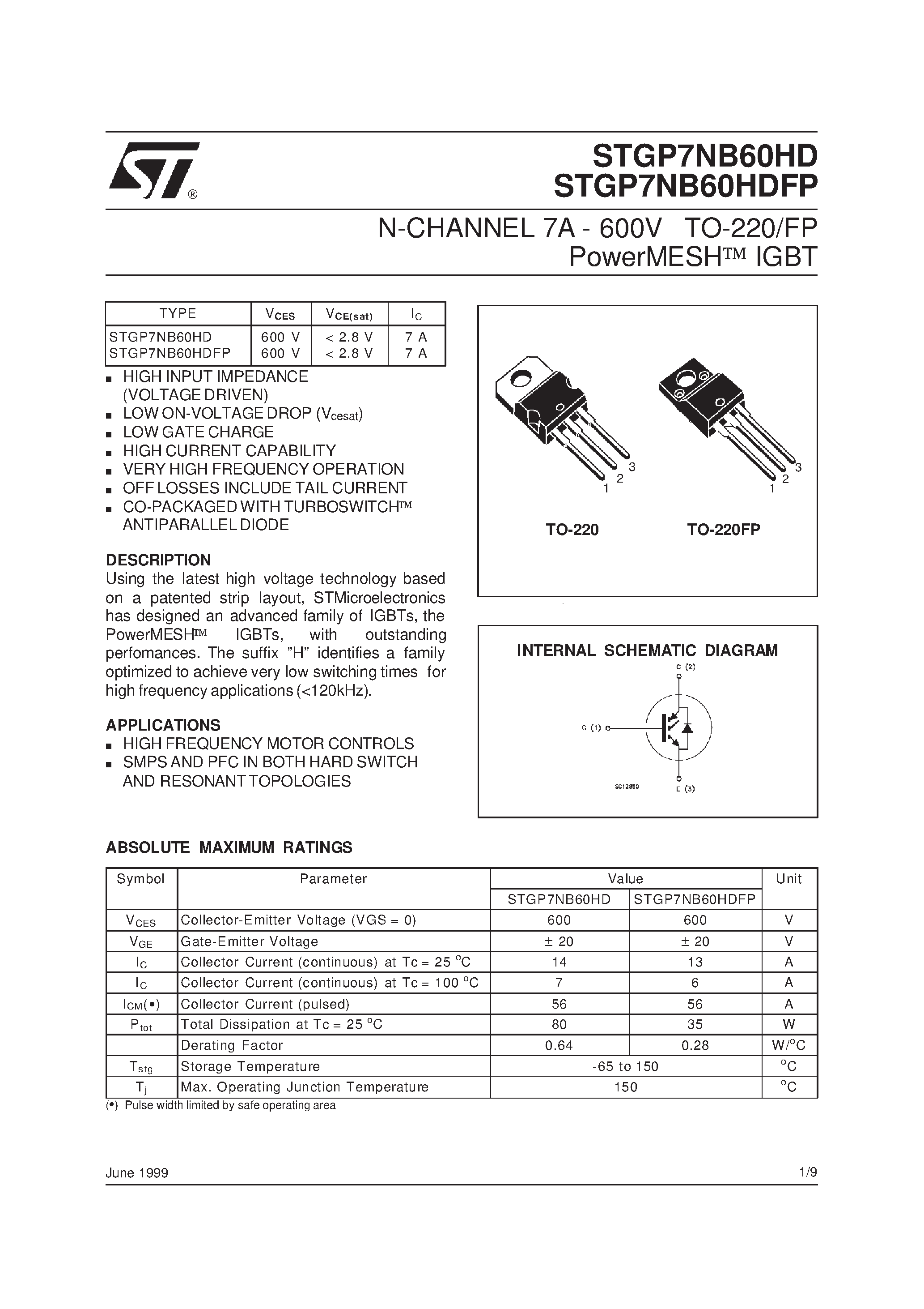 Datasheet STGP7NB60HD - N-CHANNEL 7A - 600V TO-220/FP PowerMESH IGBT page 1