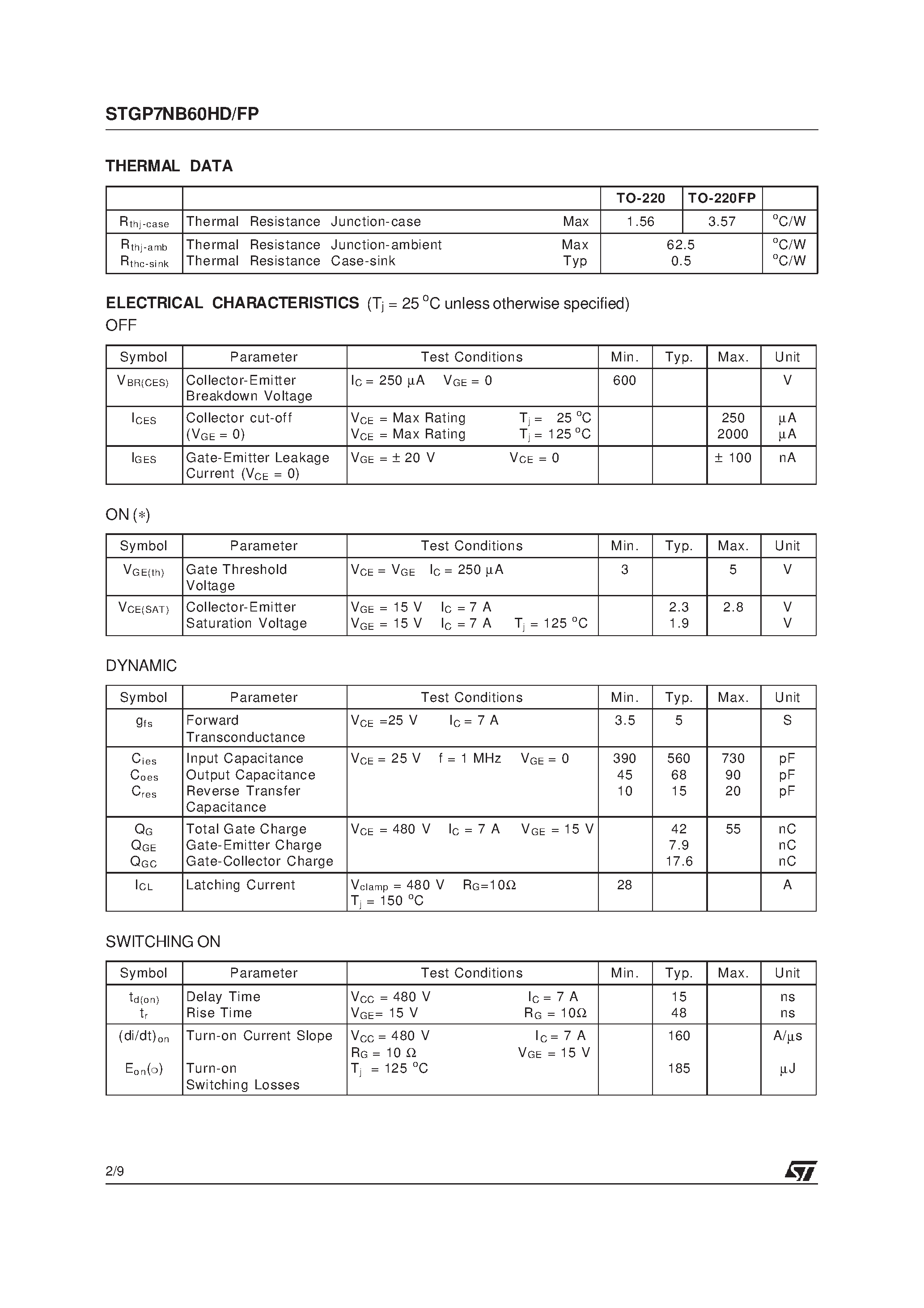 Datasheet STGP7NB60HD - N-CHANNEL 7A - 600V TO-220/FP PowerMESH IGBT page 2