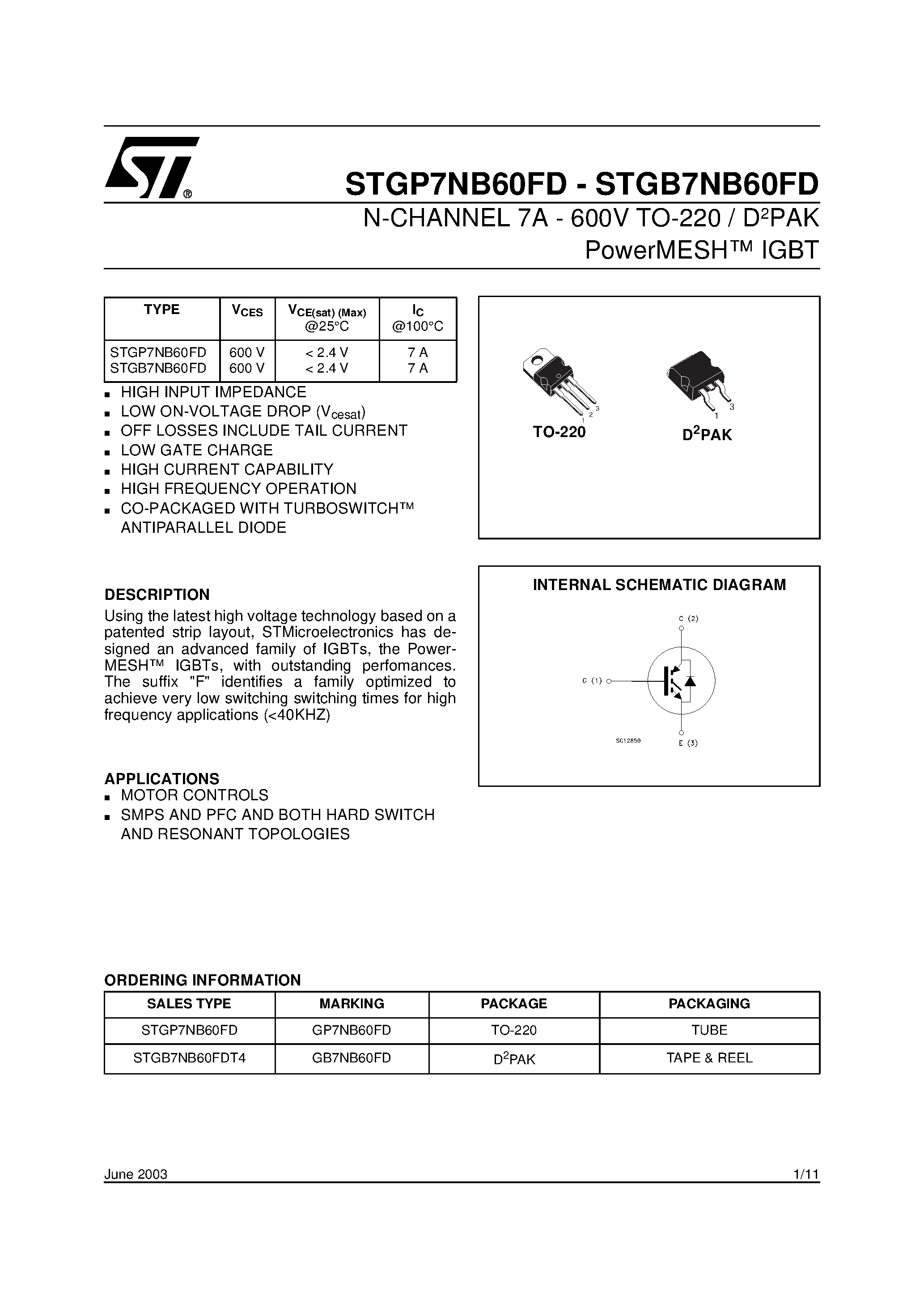 Datasheet STGB7NB60FD - (STGP7NB60FD / STGB7NB60FD) N-CHANNEL 7A - 600V TO-220 / D2PAK PowerMESH IGBT page 1
