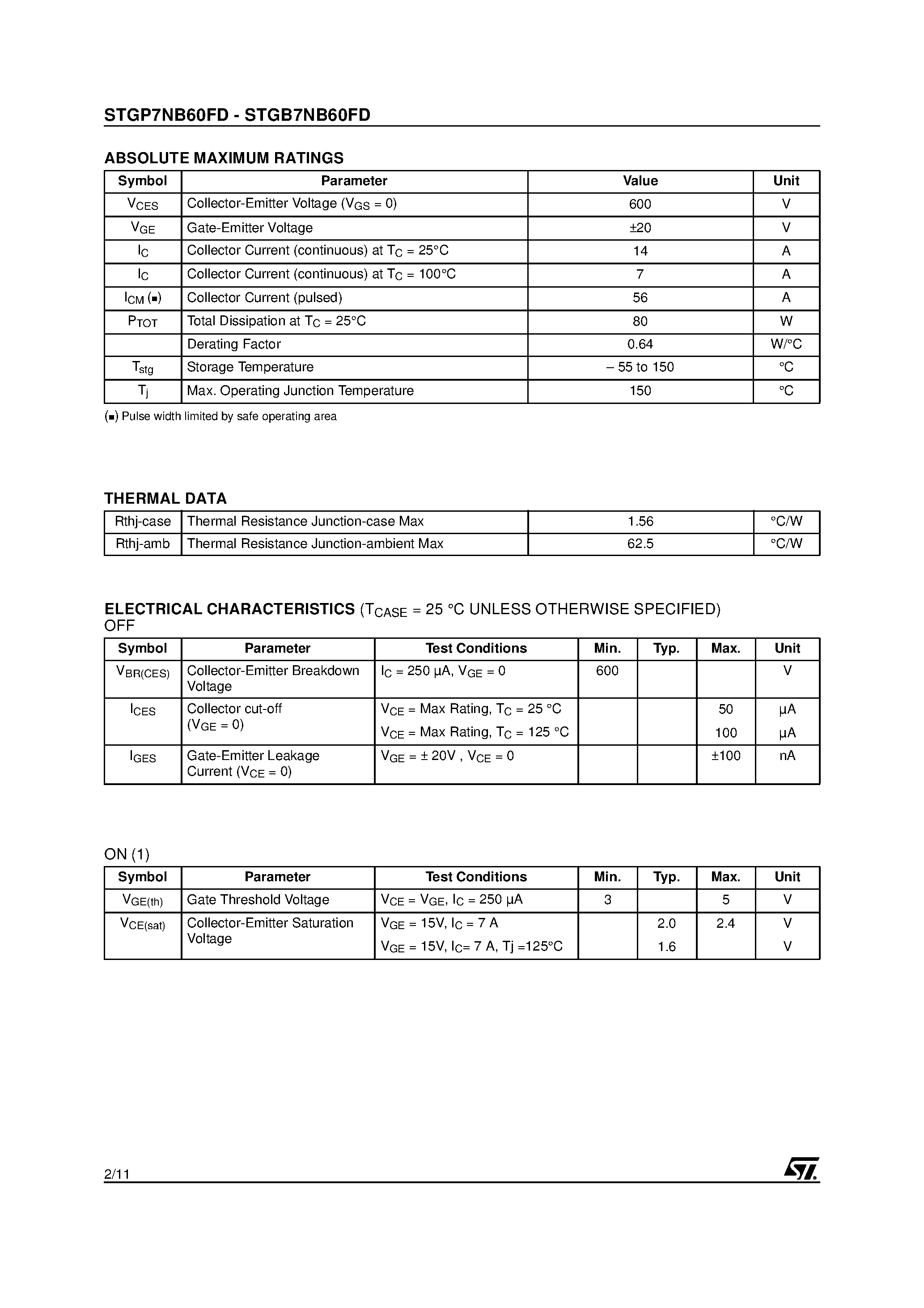 Datasheet STGB7NB60FD - (STGP7NB60FD / STGB7NB60FD) N-CHANNEL 7A - 600V TO-220 / D2PAK PowerMESH IGBT page 2