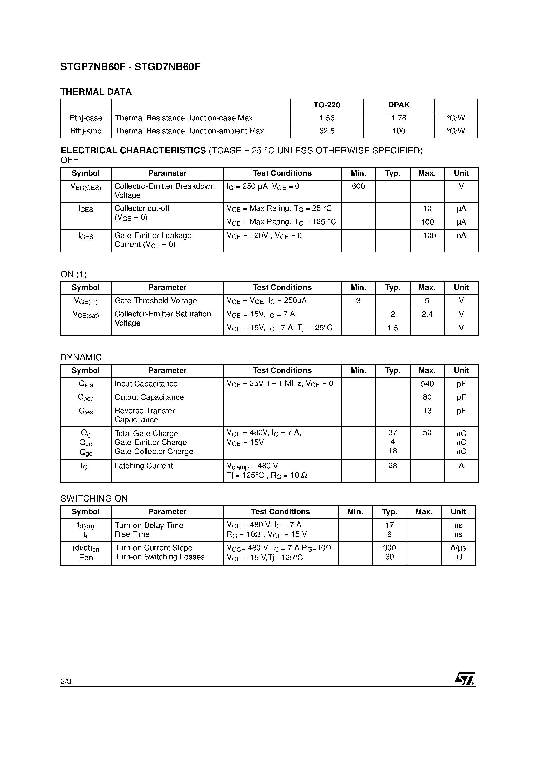 Datasheet STGD7NB60F page 2 Datasheet STGD7NB60F - (STGP7NB60F / STGD7NB60F) N-CHANNEL 7A - 600V - T0-220 / DPAK PowerMESH IGBT page 2