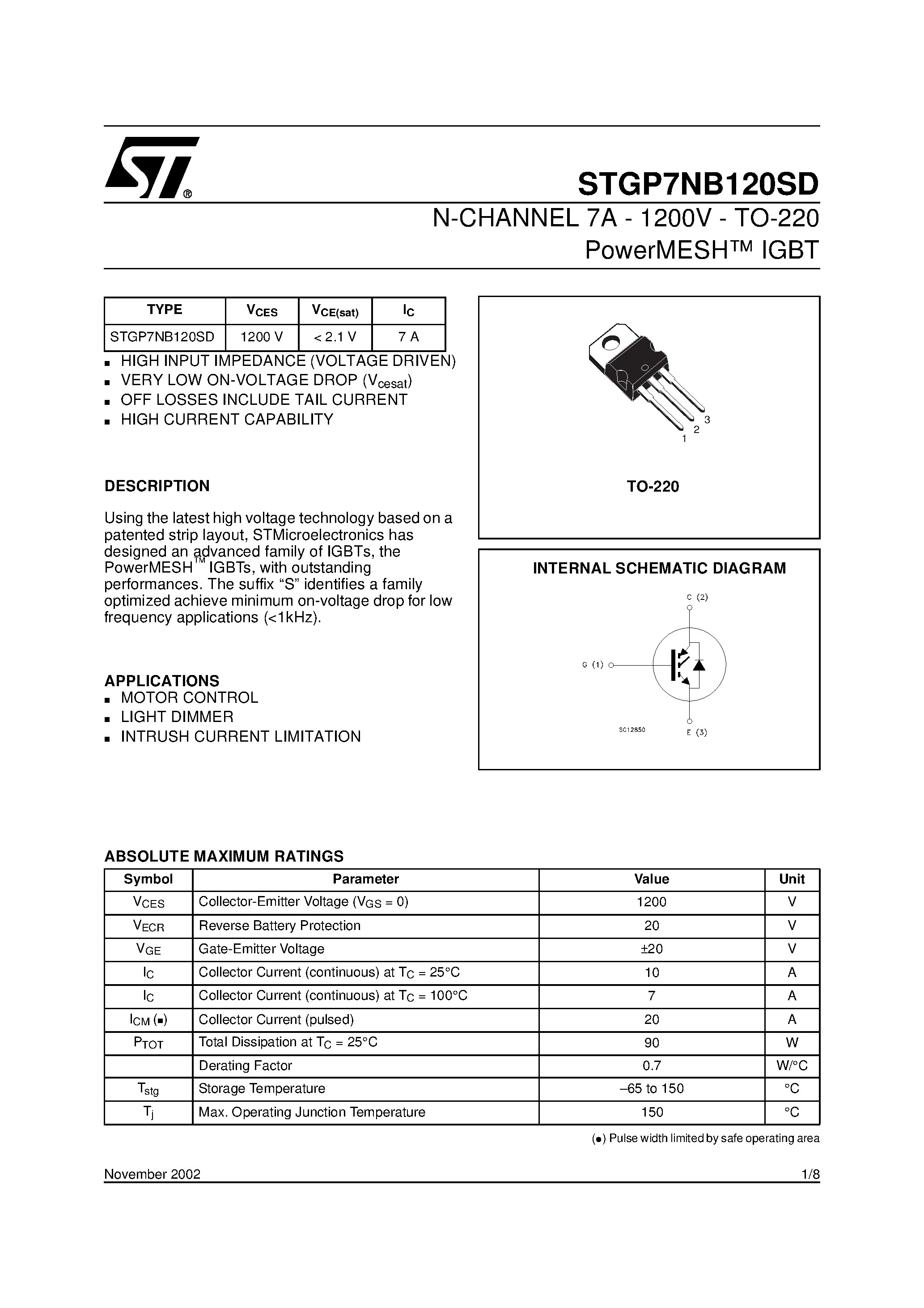 Datasheet STGP7NB120SD - N-CHANNEL 7A - 1200V - TO-220 PowerMESH IGBT page 1