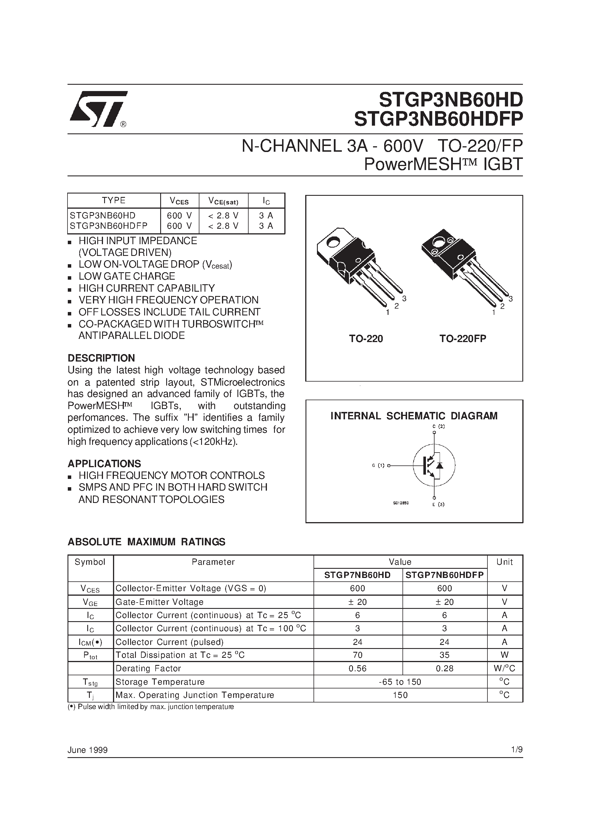 Datasheet STGP3NB60HD page 1 Datasheet STGP3NB60HD - N-CHANNEL 3A - 600V TO-220/FP PowerMESH IGBT page 1