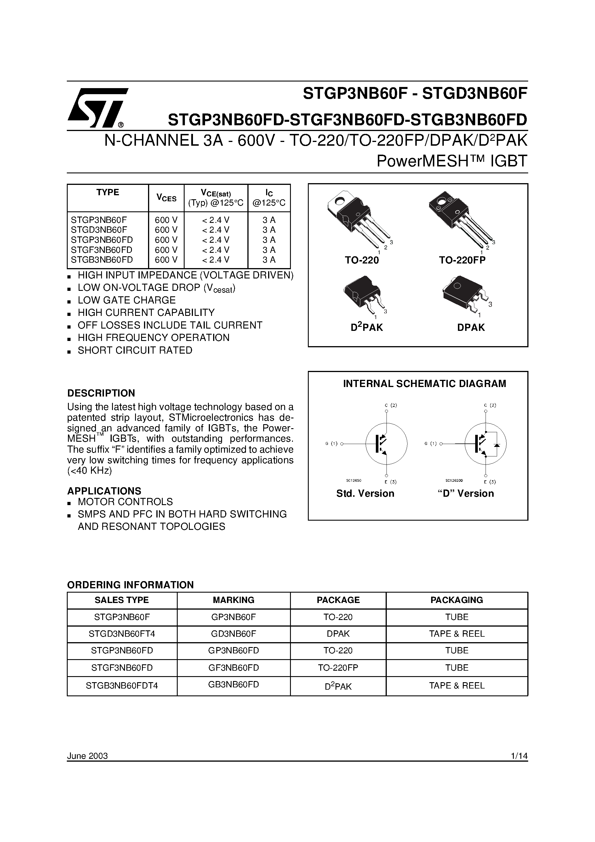 Datasheet STGB3NB60FD - (STGP3NB60F / STGD3NB60F / STGF3NB60FD / STGB3NB60FD) N-CHANNEL 3A - 600V - TO-220/TO-220FP/DPAK/D2PAK PowerMESH IGBT page 1