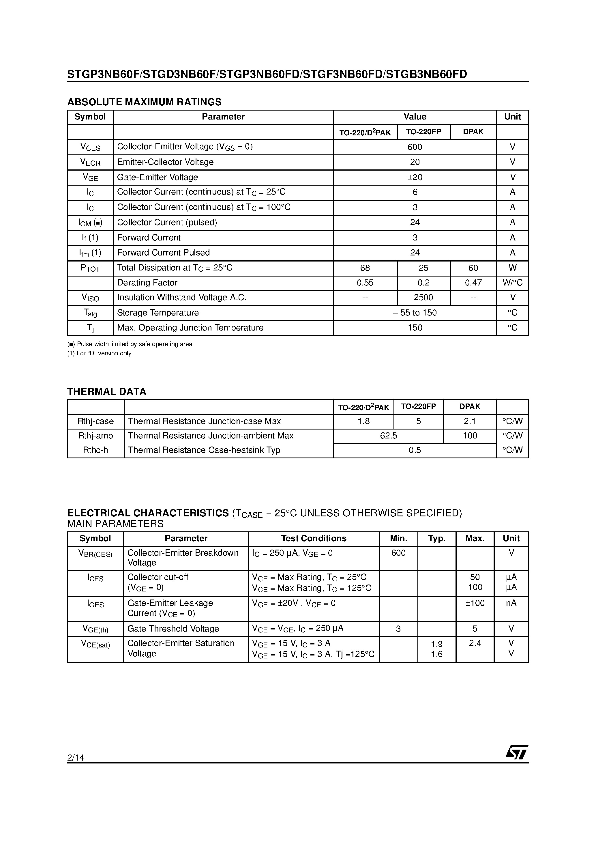 Datasheet STGB3NB60FD - (STGP3NB60F / STGD3NB60F / STGF3NB60FD / STGB3NB60FD) N-CHANNEL 3A - 600V - TO-220/TO-220FP/DPAK/D2PAK PowerMESH IGBT page 2