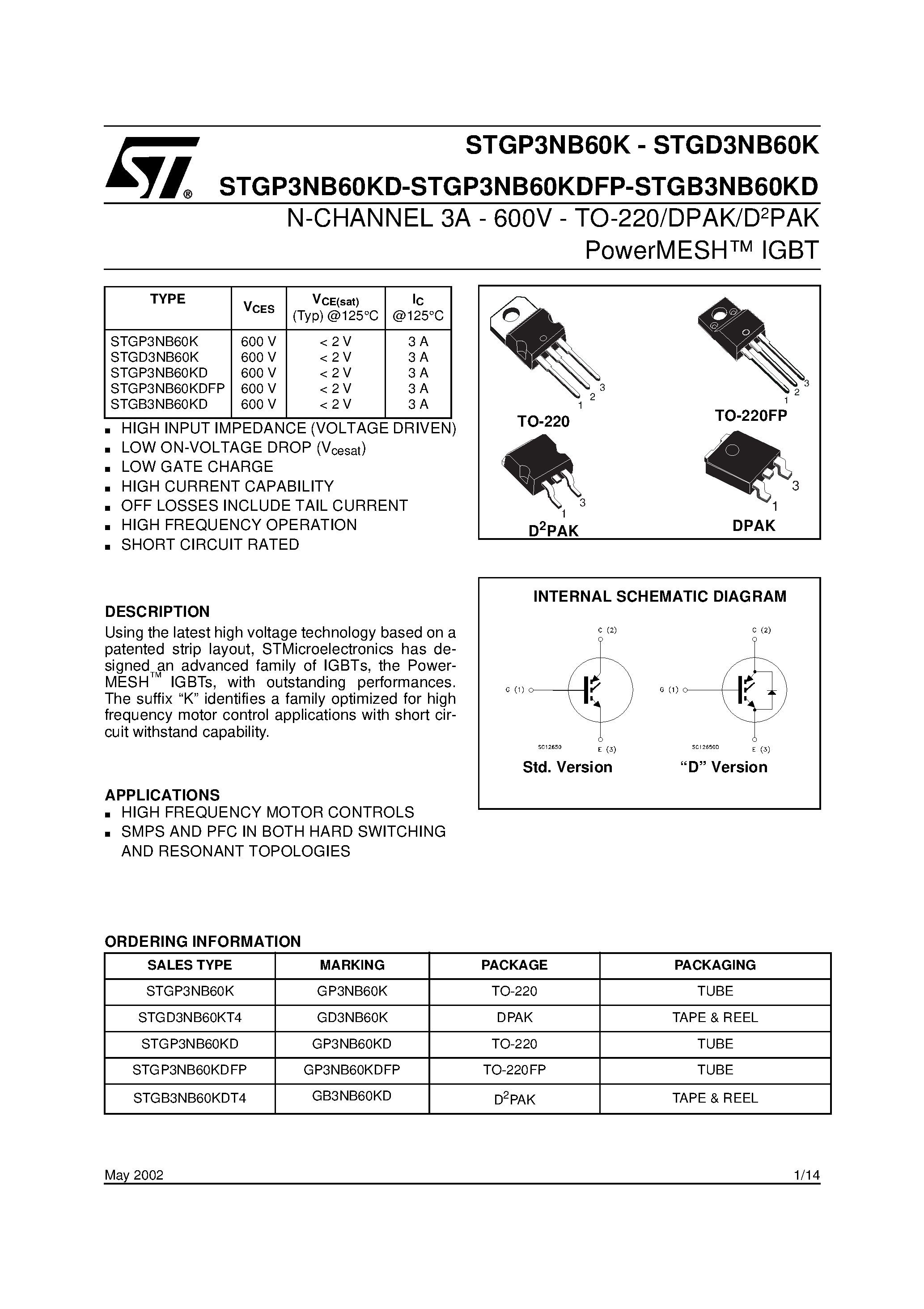 Datasheet STGB3NB60K - (STGP3NB60K / STGB3NB60K) N-CHANNEL 3A - 600V - TO-220/DPAK/D2PAK PowerMESH IGBT page 1