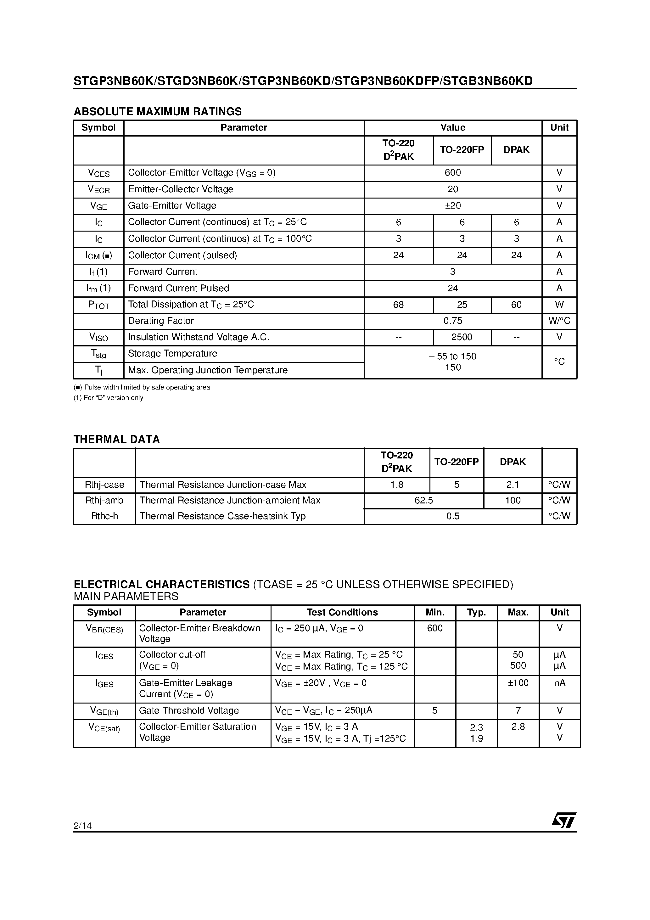 Datasheet STGB3NB60K - (STGP3NB60K / STGB3NB60K) N-CHANNEL 3A - 600V - TO-220/DPAK/D2PAK PowerMESH IGBT page 2