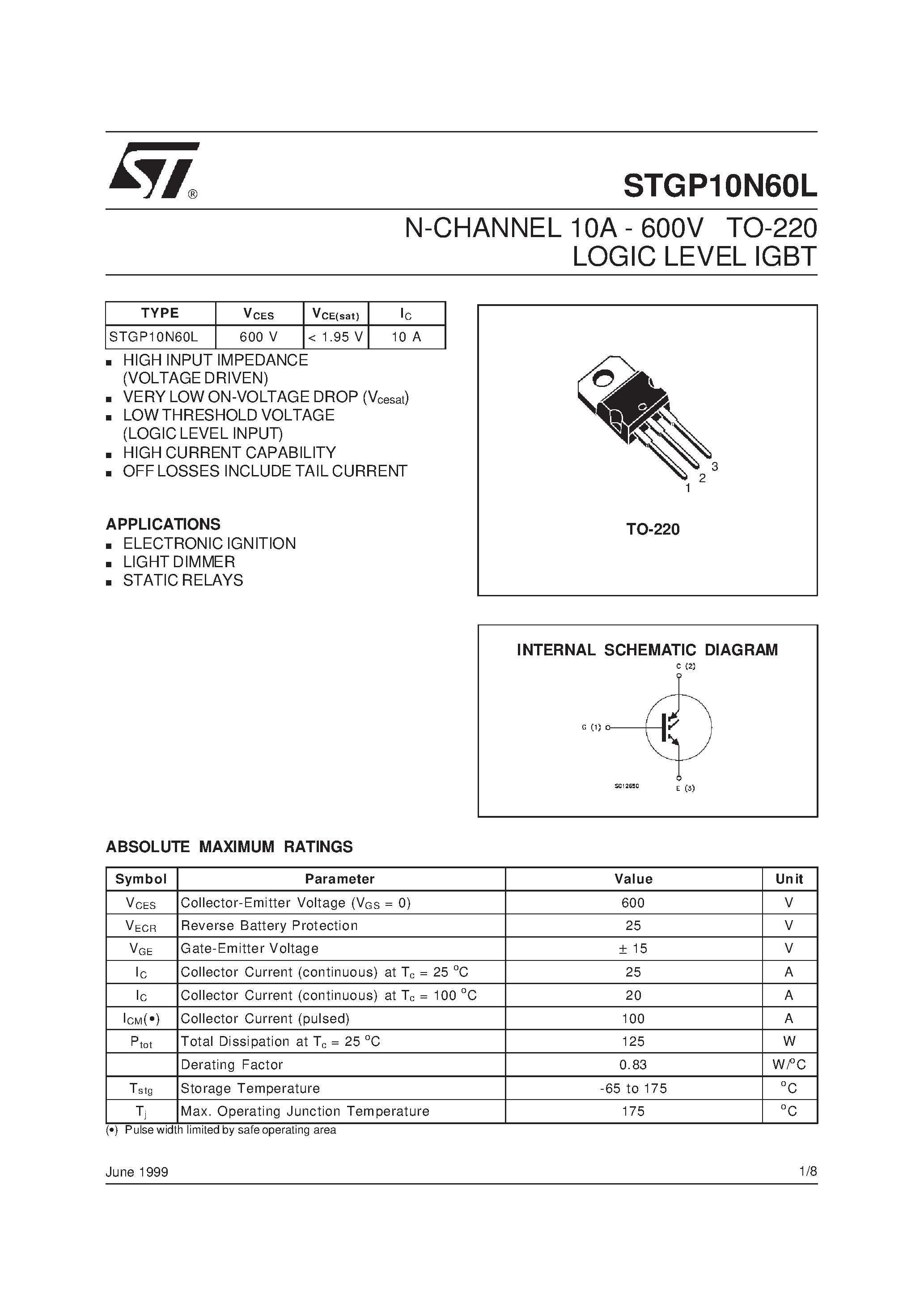 Datasheet STGP10N60L - N-CHANNEL 10A - 600V TO-220 LOGIC LEVEL IGBT page 1